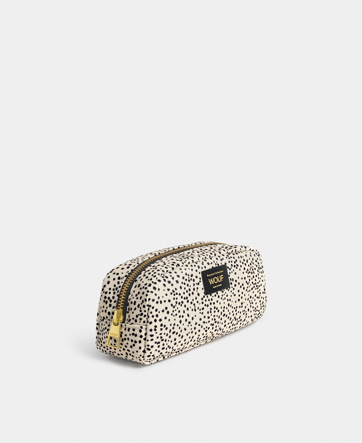 Side view of the Panna pencil case with beige and black micro print - Wouf