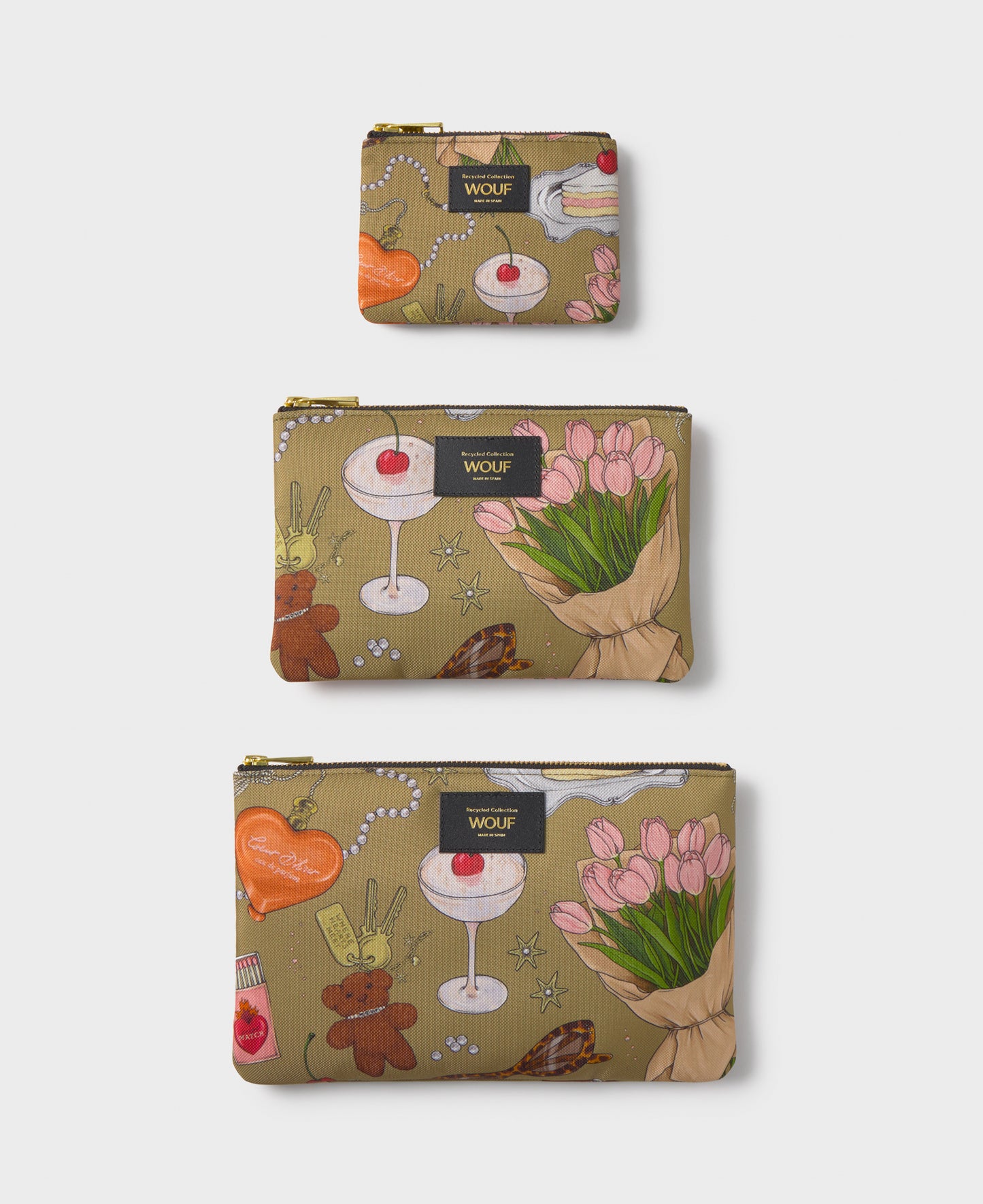 Tender pouch set with multicolour illustrated print on a khaki background - Wouf