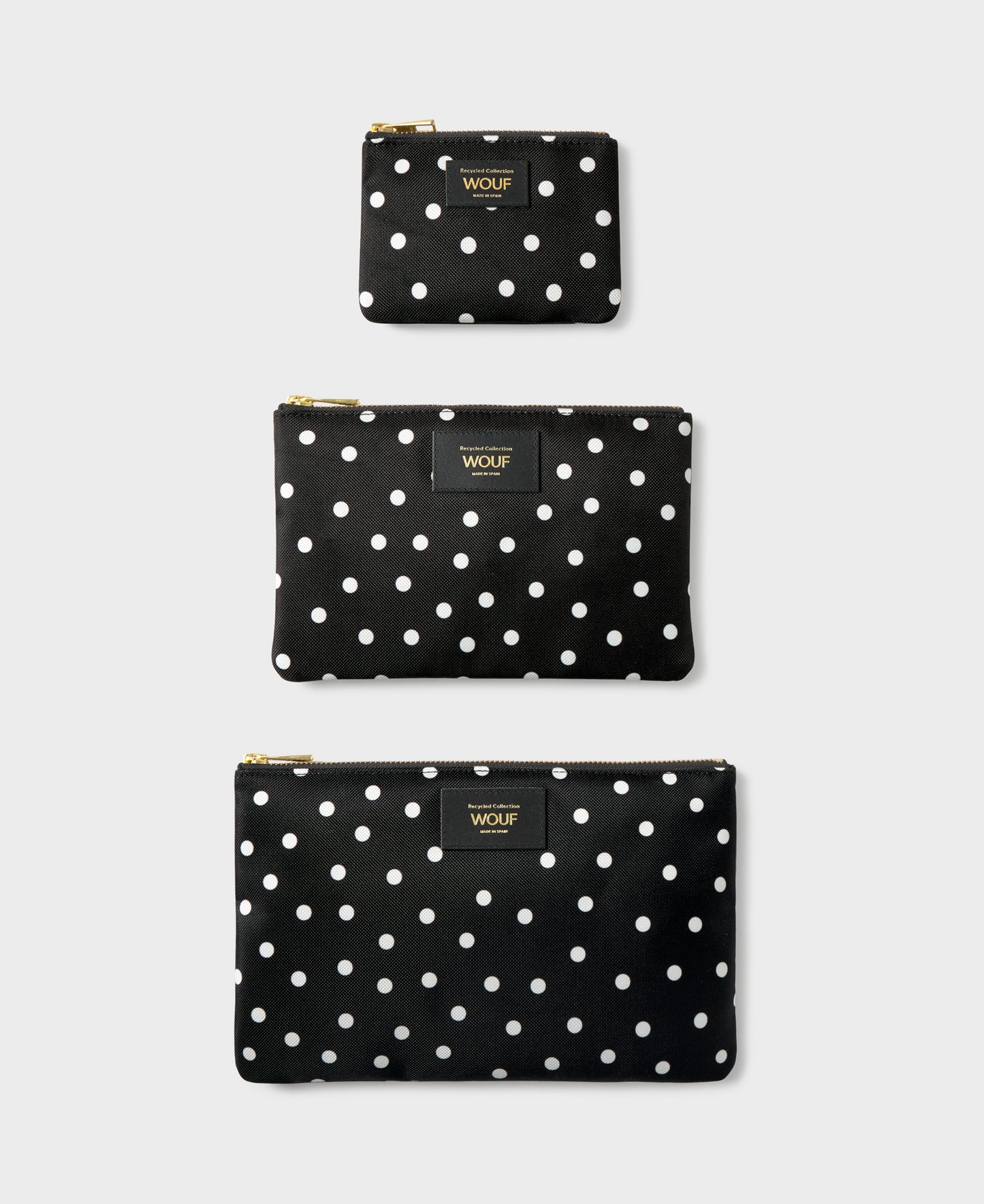 Grace pouch set with white polka dot print on a black background - Wouf