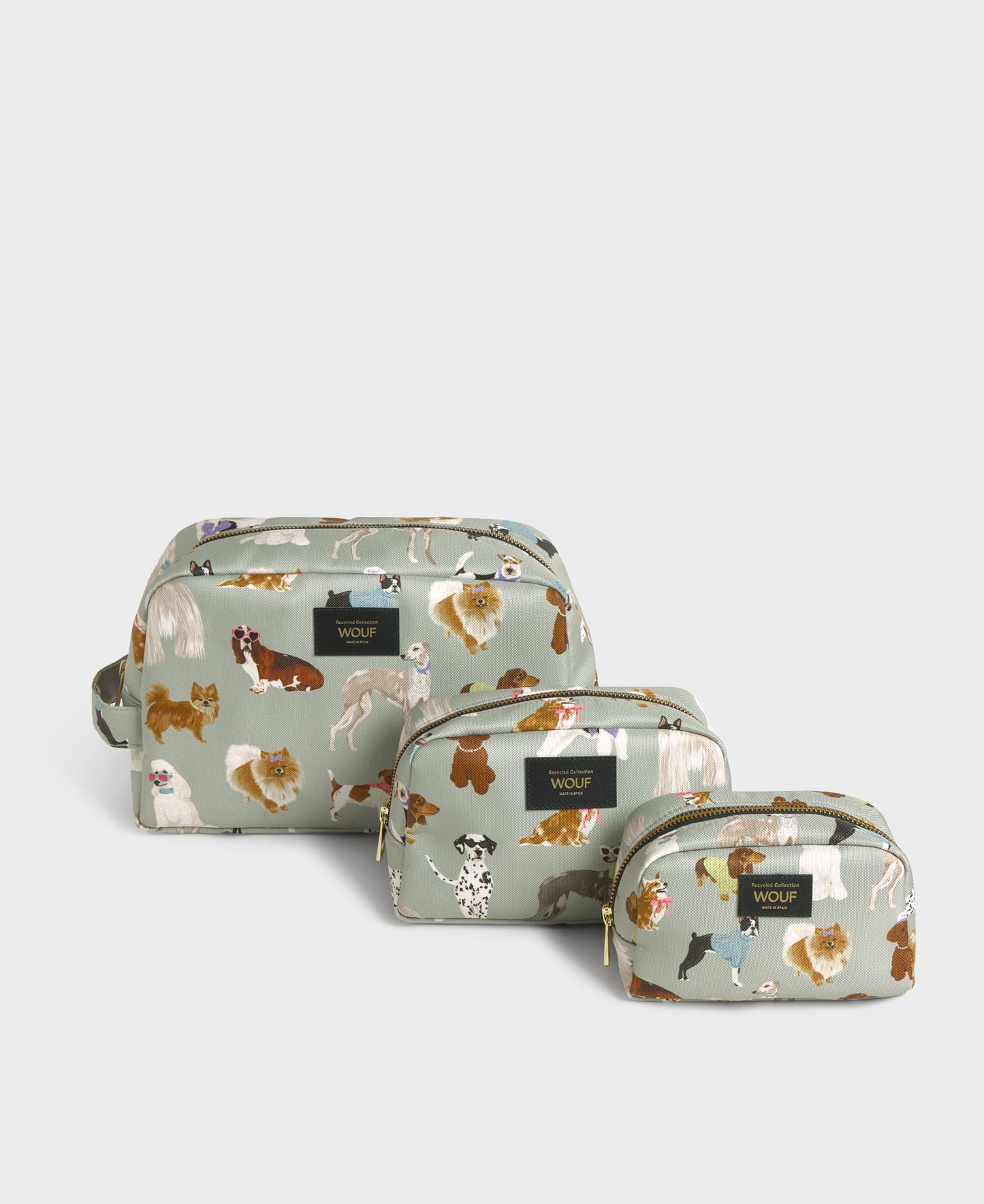 Puppy toiletry bag set with multicolour dog print on a grey background - Wouf