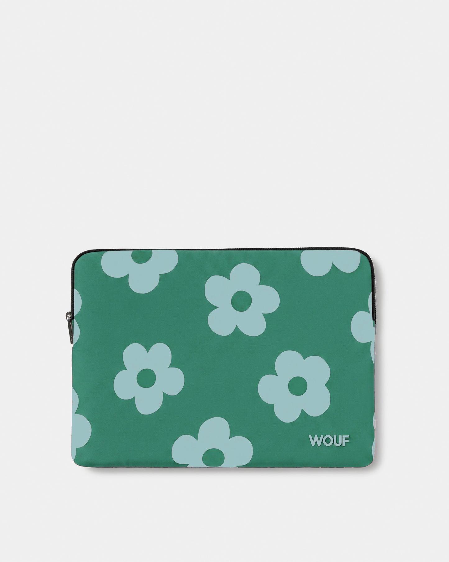 Laptop sleeve 13-14 with mint blue daisy print on a green background - Wouf
