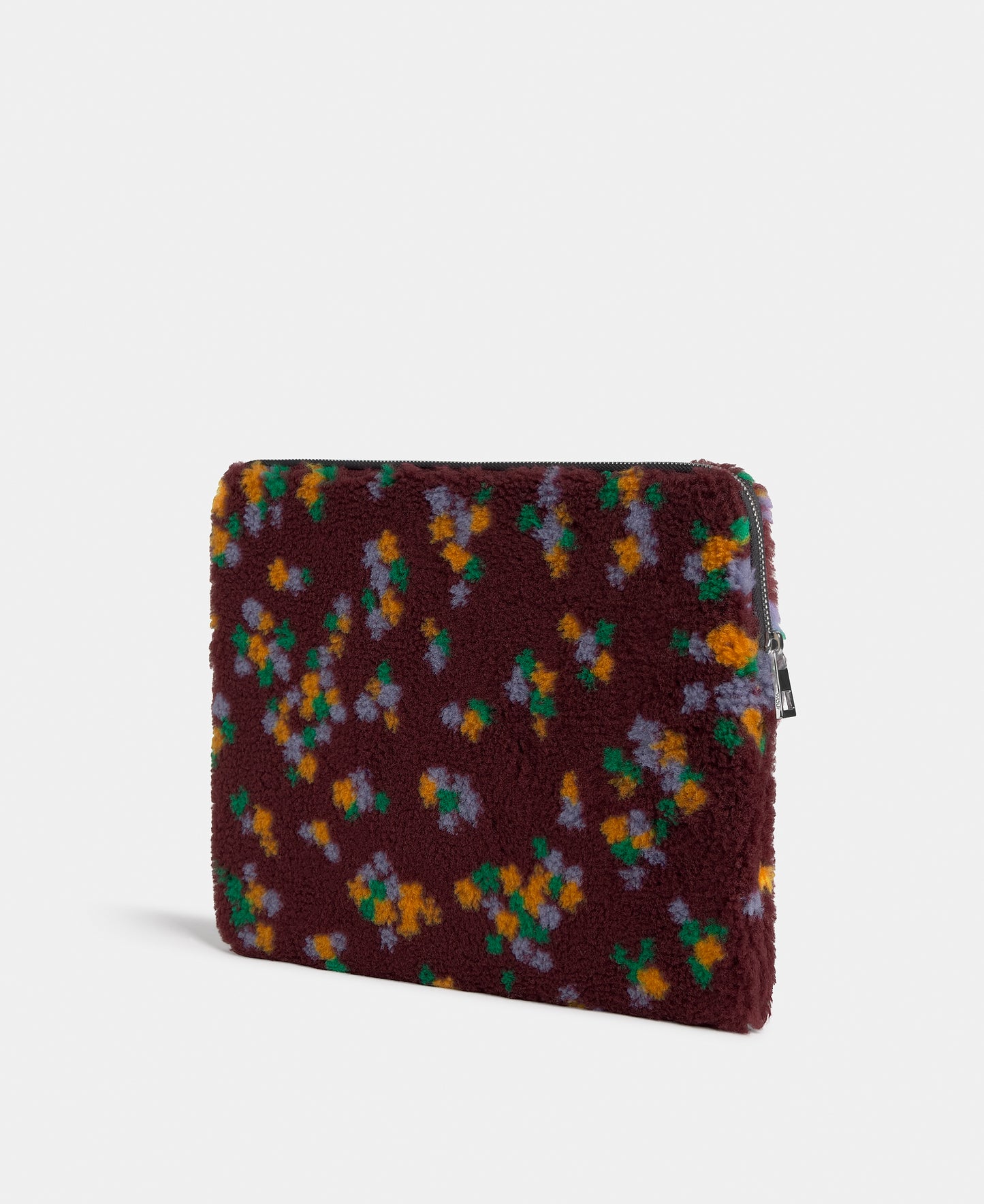 Back view of the laptop sleeve 13-14 in teddy fabric with multicolour floral print on a burgundy background - Wouf