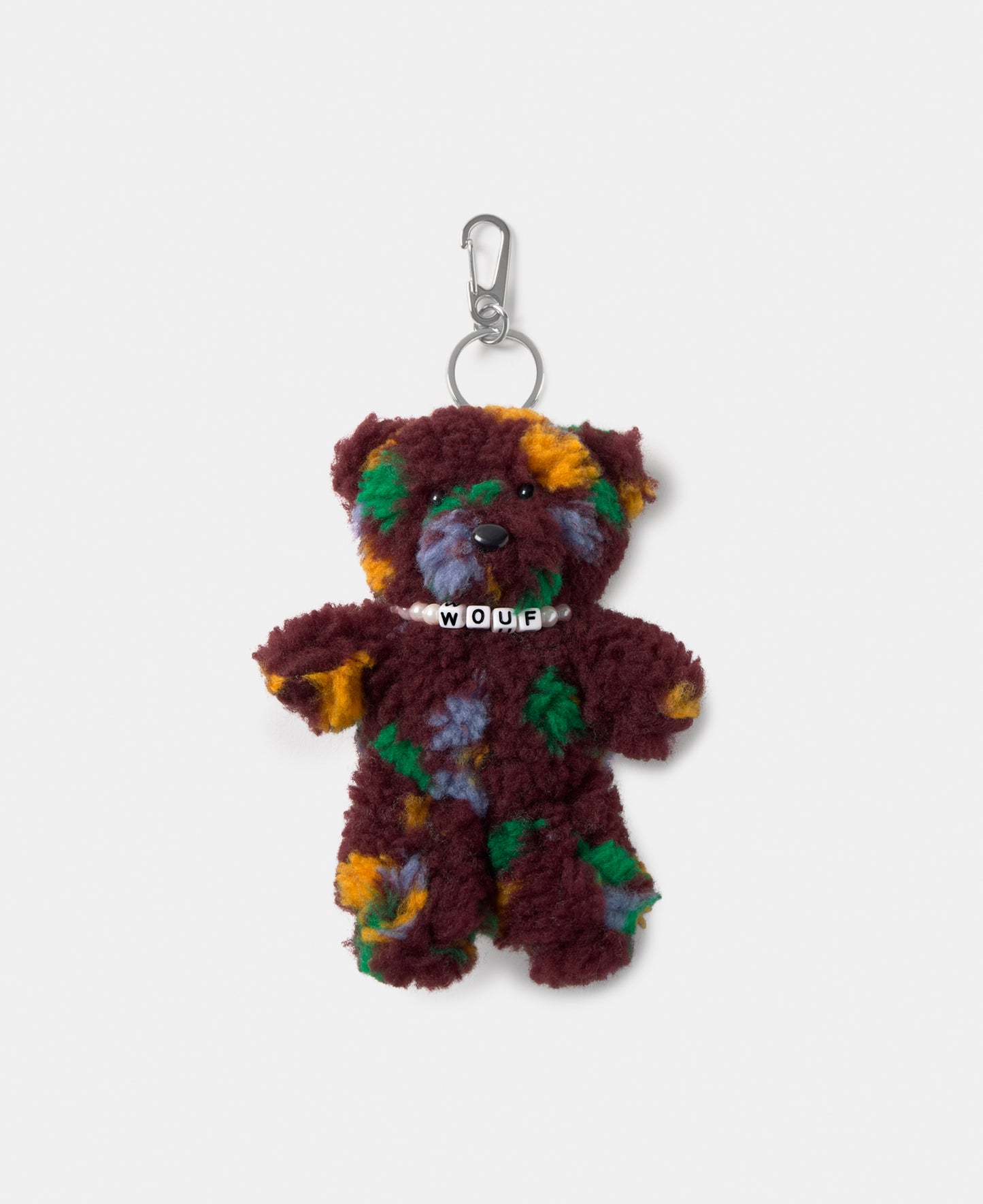 Bear-shaped bag charm in teddy fabric with multicolour floral print on a burgundy background - Wouf
