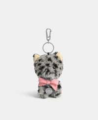 Cat-shaped bag charm in grey teddy fabric with black animal print and a pink bow - Wouf