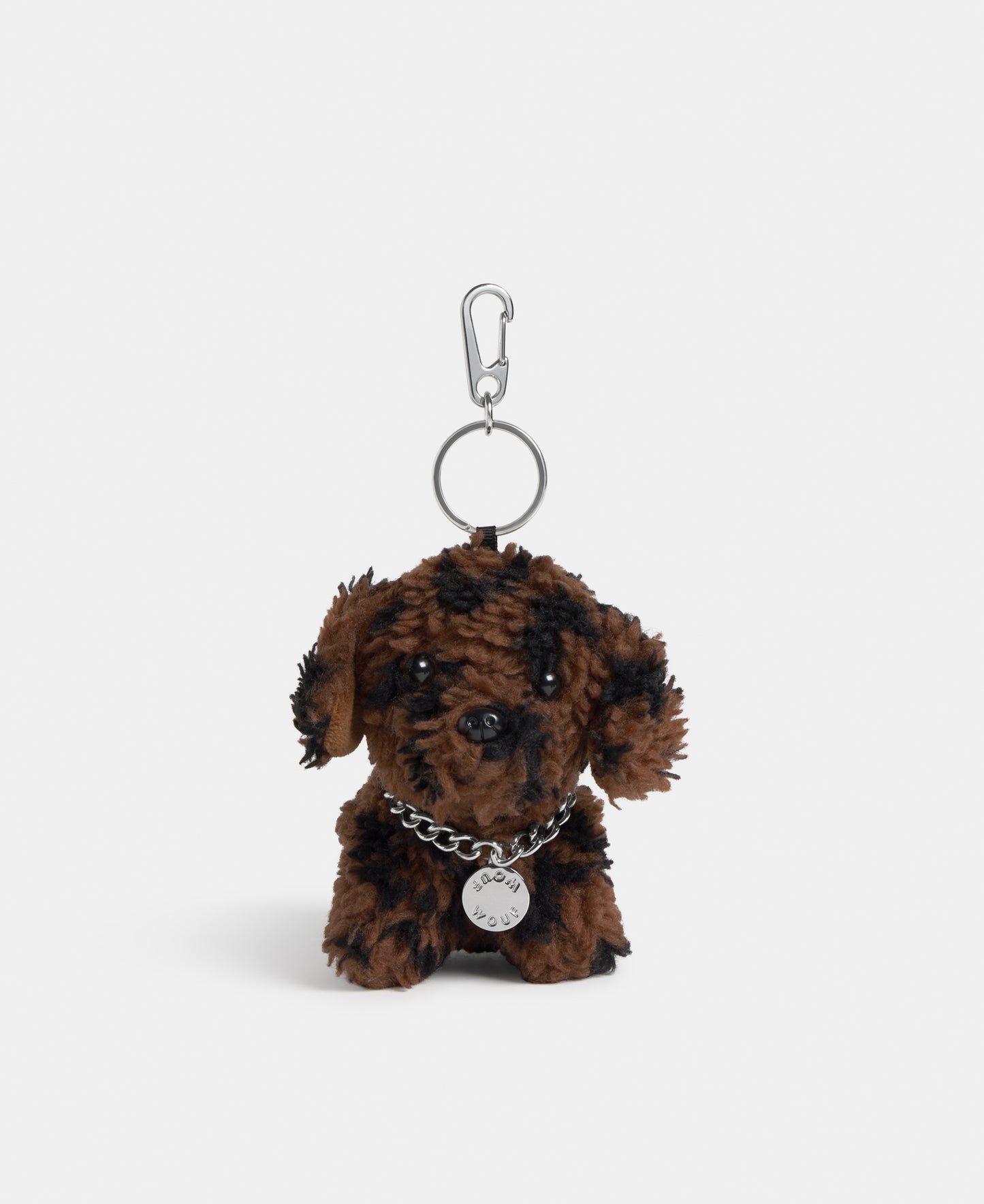 Dog-shaped bag charm in teddy fabric with leopard print in brown and black tones - Wouf