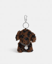 Dog-shaped bag charm in teddy fabric with leopard print in brown and black tones - Wouf