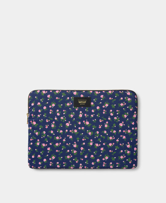 Funda para portátil de 13-14 Edith con estampado floral en tonos rosas y verdes sobre fondo azul marino - Wouf
