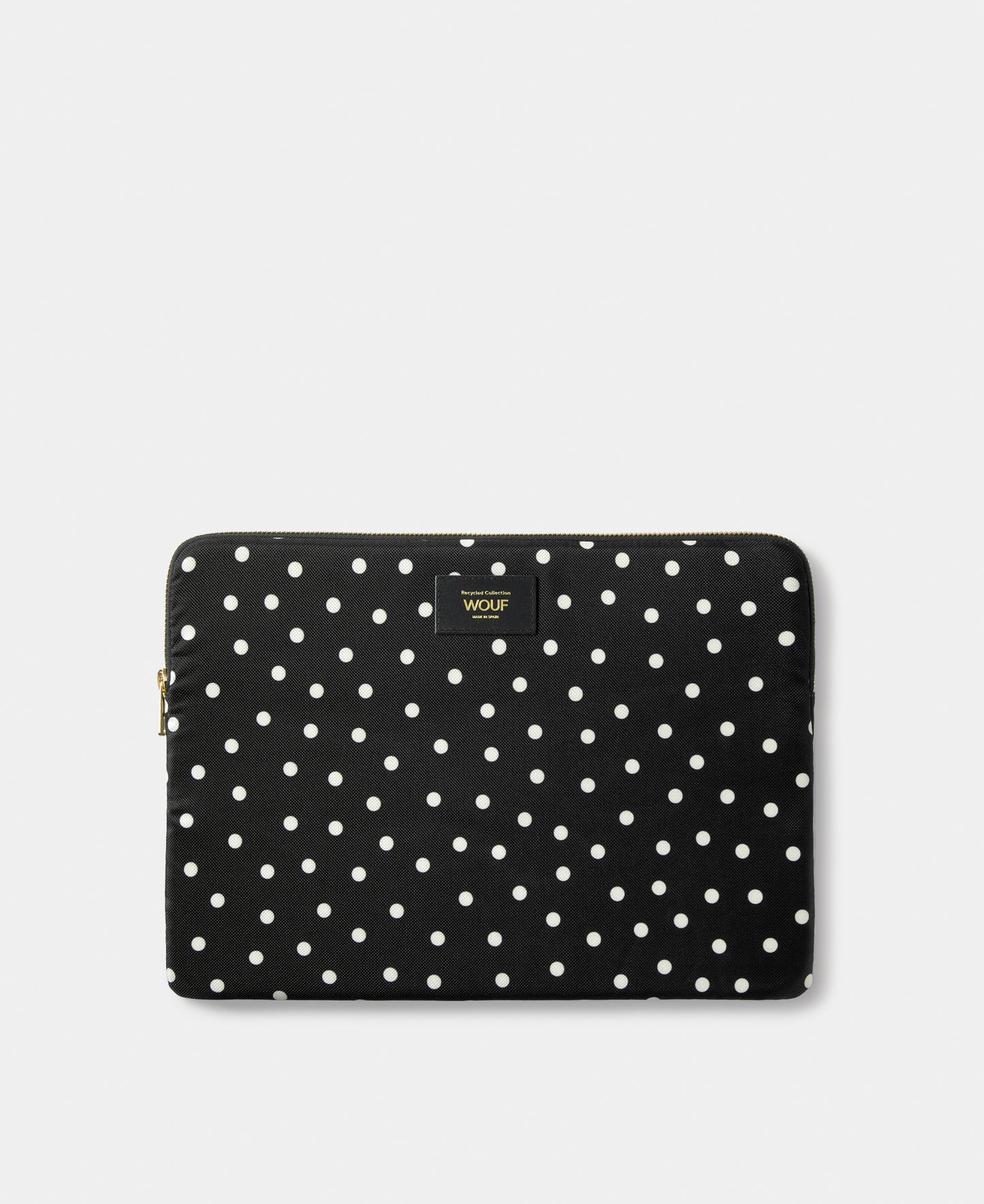 Grace 13-14 laptop sleeve with white polka dot print on a black background - Wouf