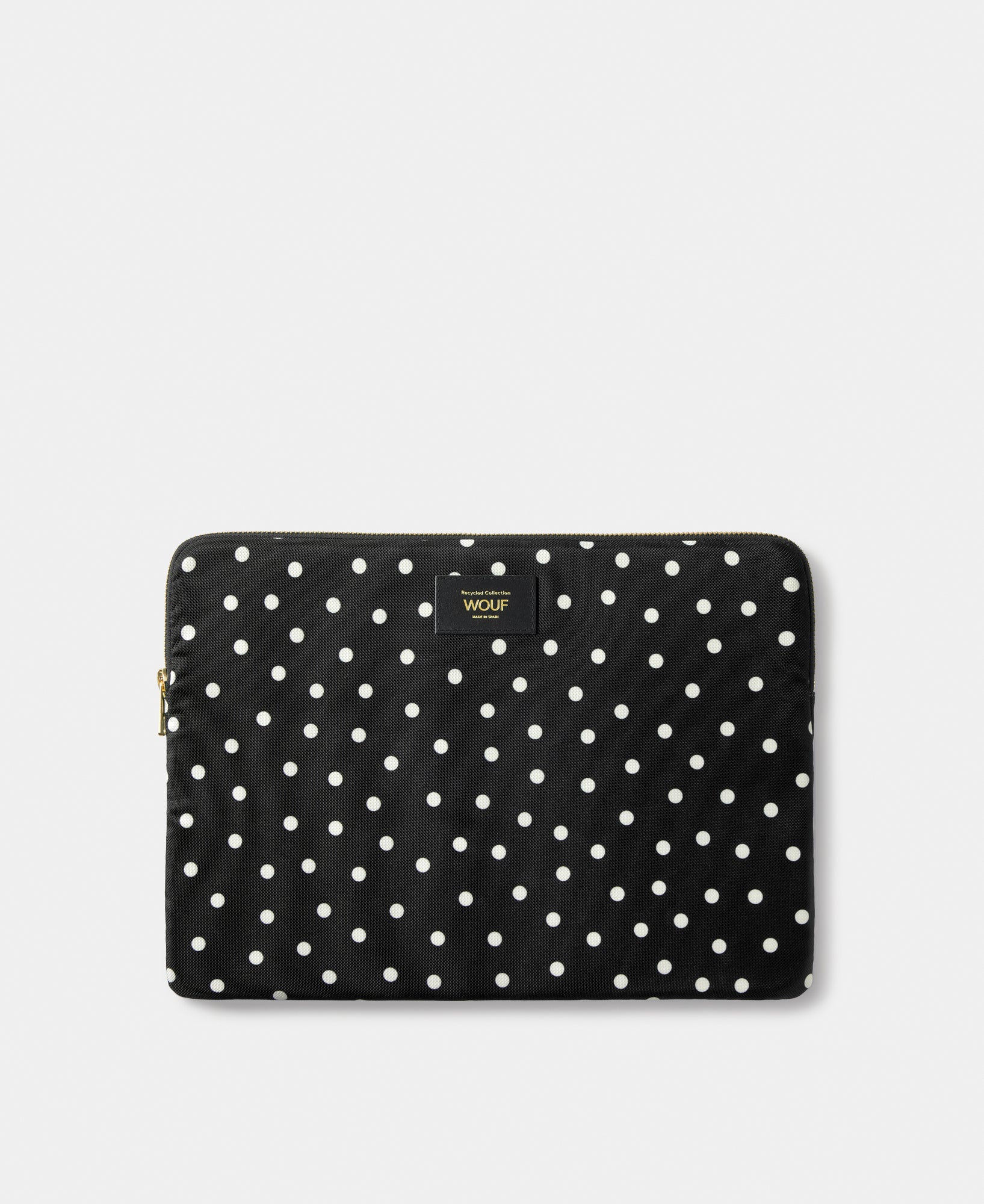 Grace 13-14 laptop sleeve with white polka dot print on a black background - Wouf