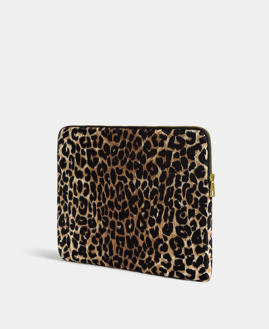 Vista trasera de la funda para portátil 13-14 Icon con estampado de leopardo negro y marrón - Wouf