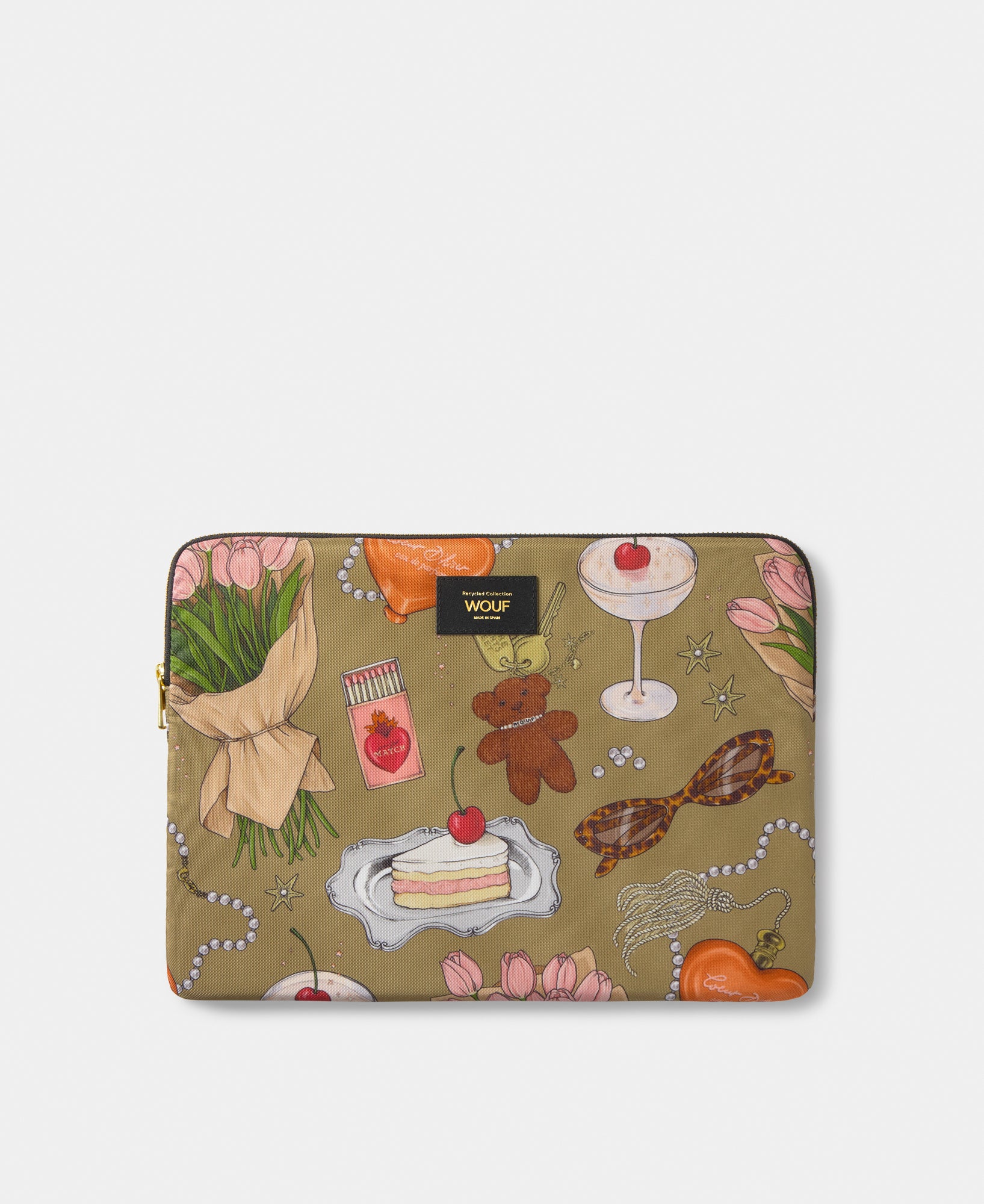 Tender 13-14 laptop sleeve with multicolour illustrated print on a khaki background - Wouf