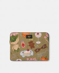 Tender 13-14 laptop sleeve with multicolour illustrated print on a khaki background - Wouf