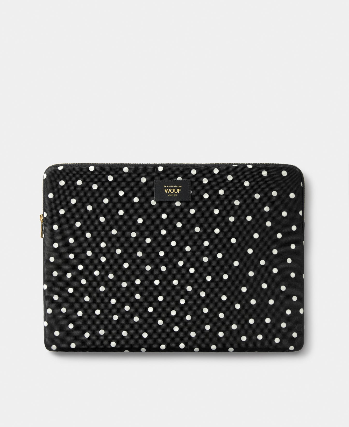 Grace 15-16 laptop sleeve with white polka dot print on a black background - Wouf