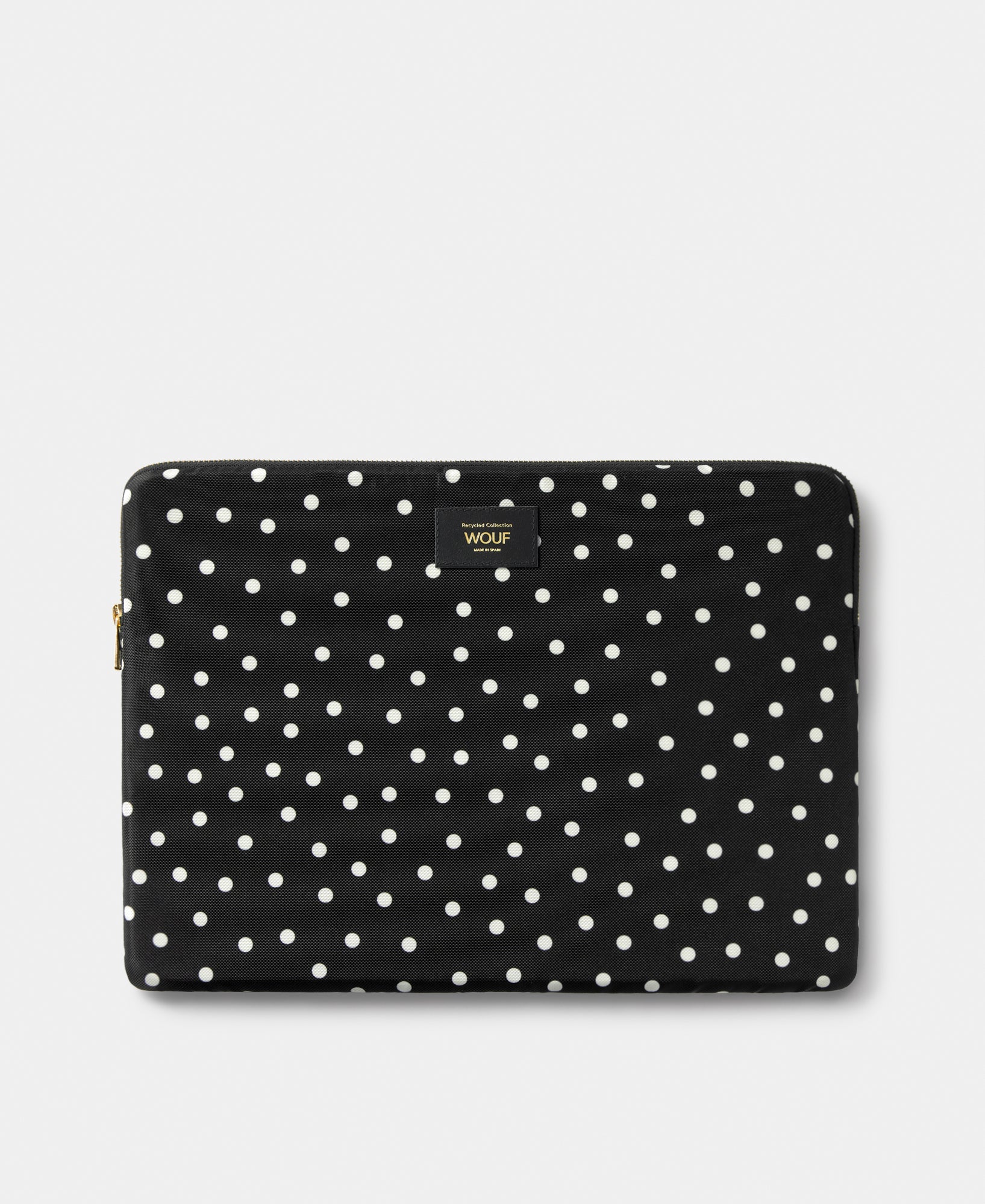 Grace 15-16 laptop sleeve with white polka dot print on a black background - Wouf