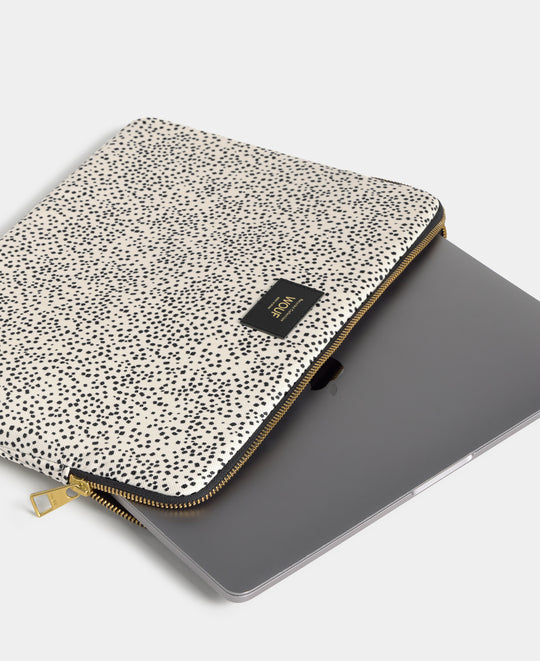 Détail de la housse pour ordinateur 15-16 Panna à micro-imprimé beige et noir - Wouf