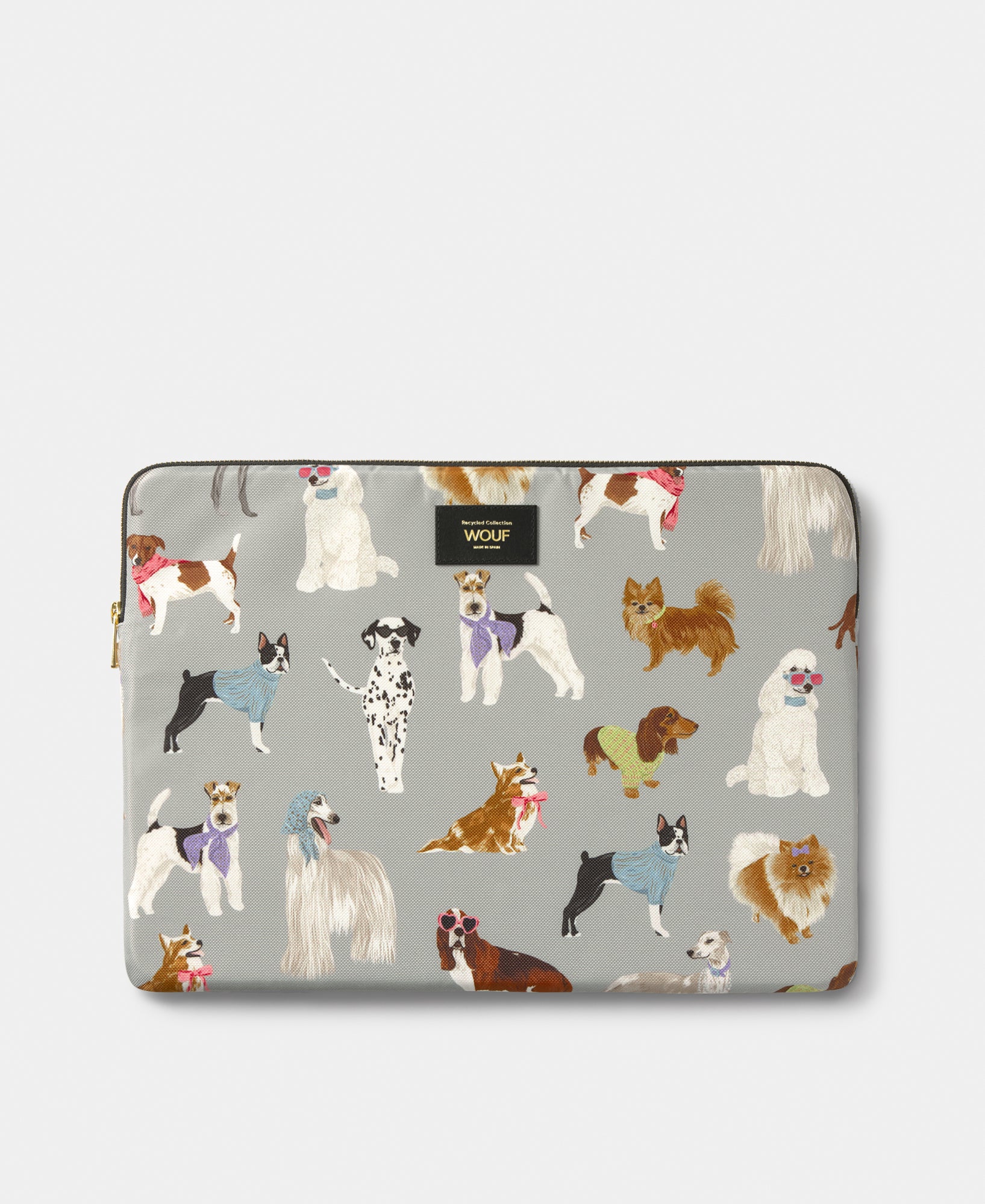 Puppy 15-16 laptop sleeve with multicolour dog print on a grey background - Wouf