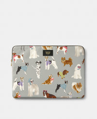 Puppy 15-16 laptop sleeve with multicolour dog print on a grey background - Wouf