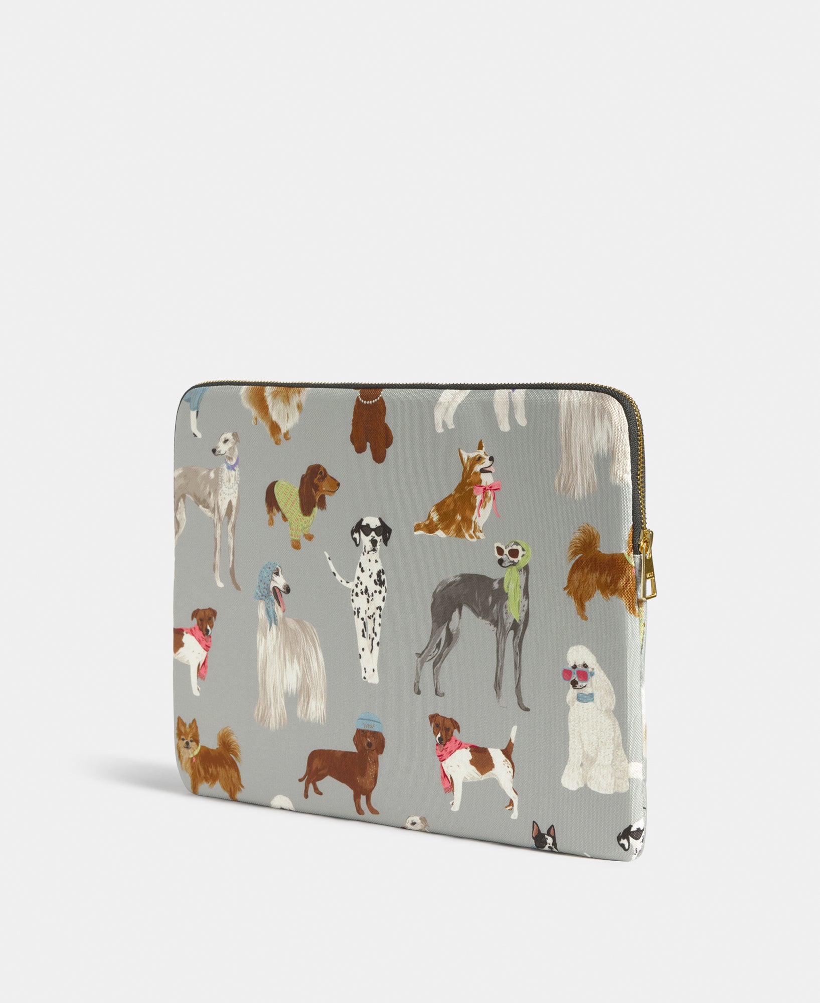 Back view of the Puppy 15-16 laptop sleeve with multicolour dog print on a grey background - Wouf