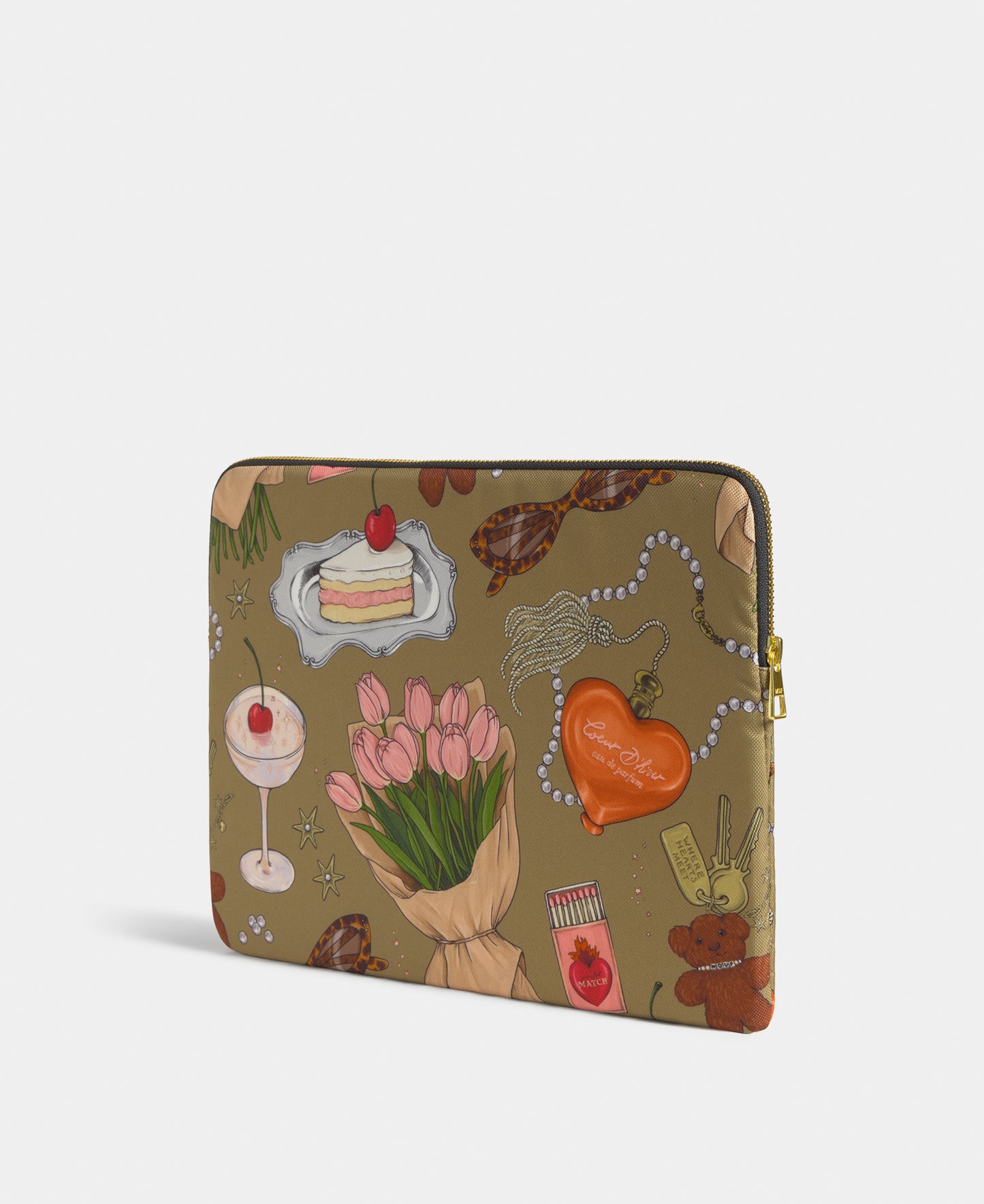 Back view of the Tender 15-16 laptop sleeve with multicolour illustrated print on a khaki background - Wouf