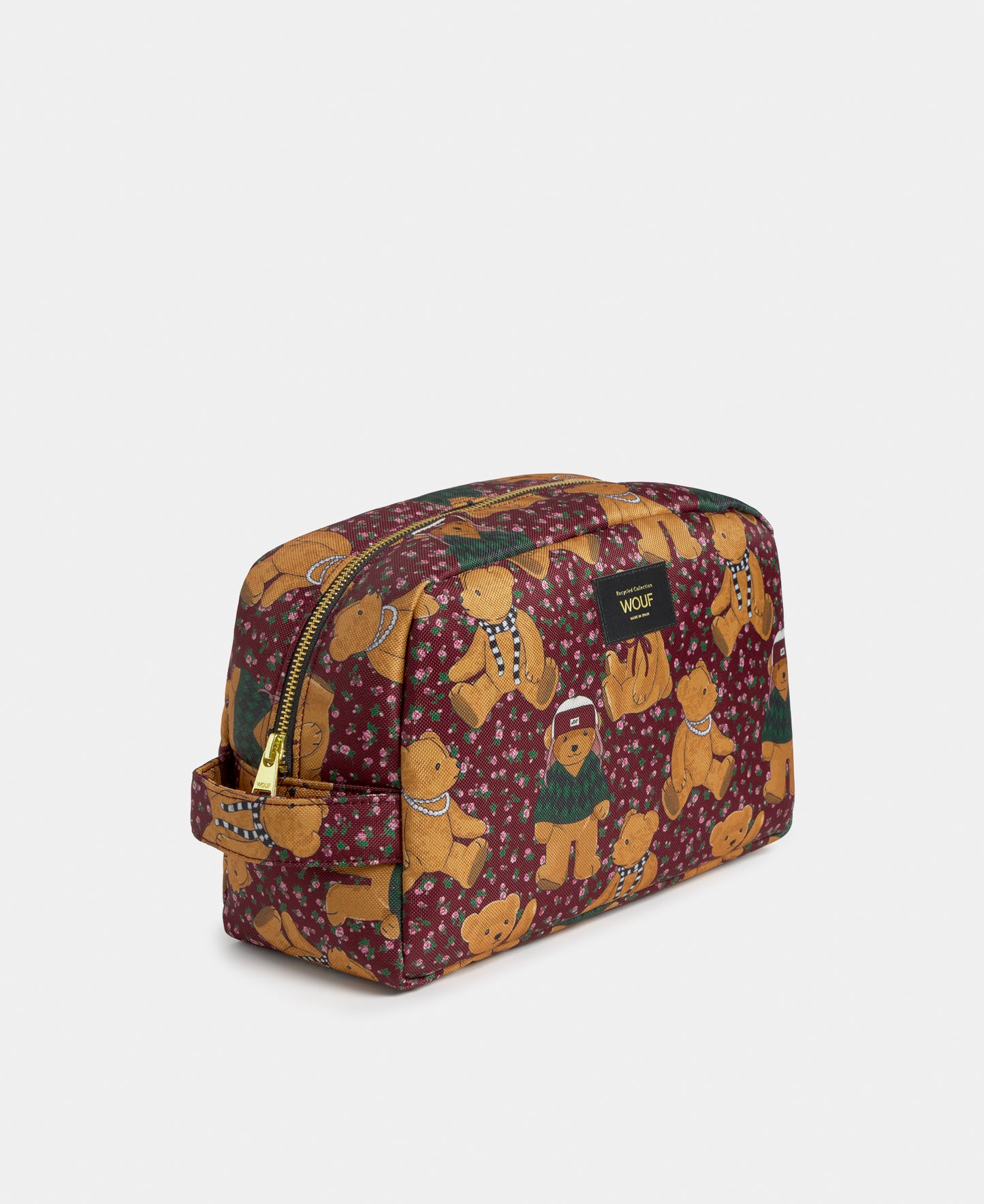 Side view of the Cozy large toiletry bag with teddy bear print - Wouf