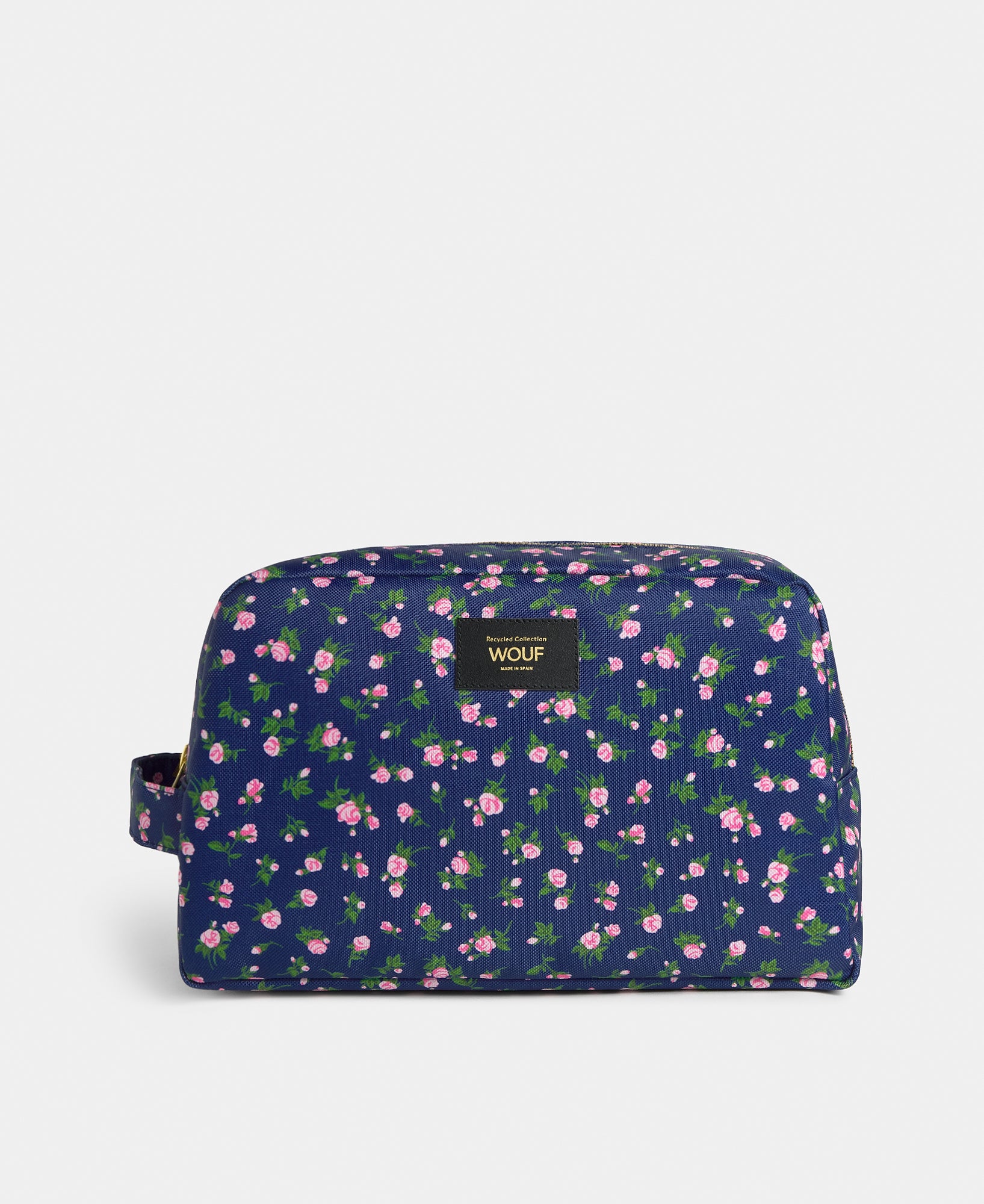 Edith large toiletry bag with pink and green floral print on a navy background - Wouf