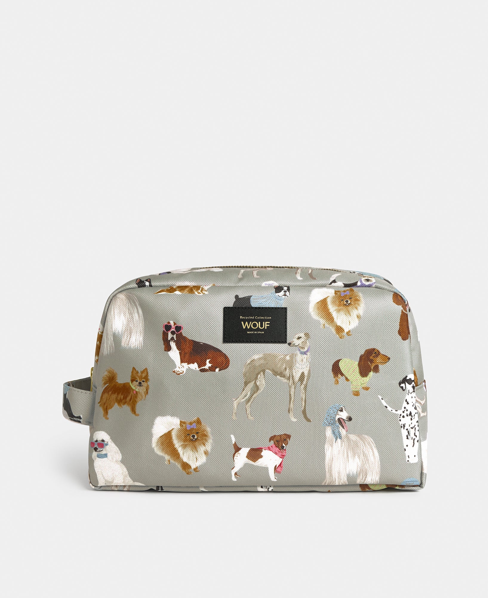 Puppy large toiletry bag with multicolour dog print on a grey background - Wouf