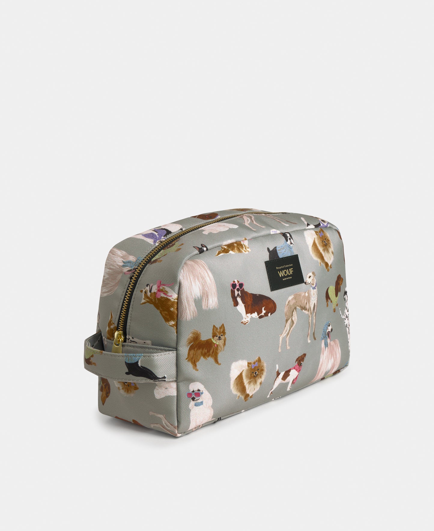 Side view of the Puppy large toiletry bag with multicolour dog print on a grey background - Wouf