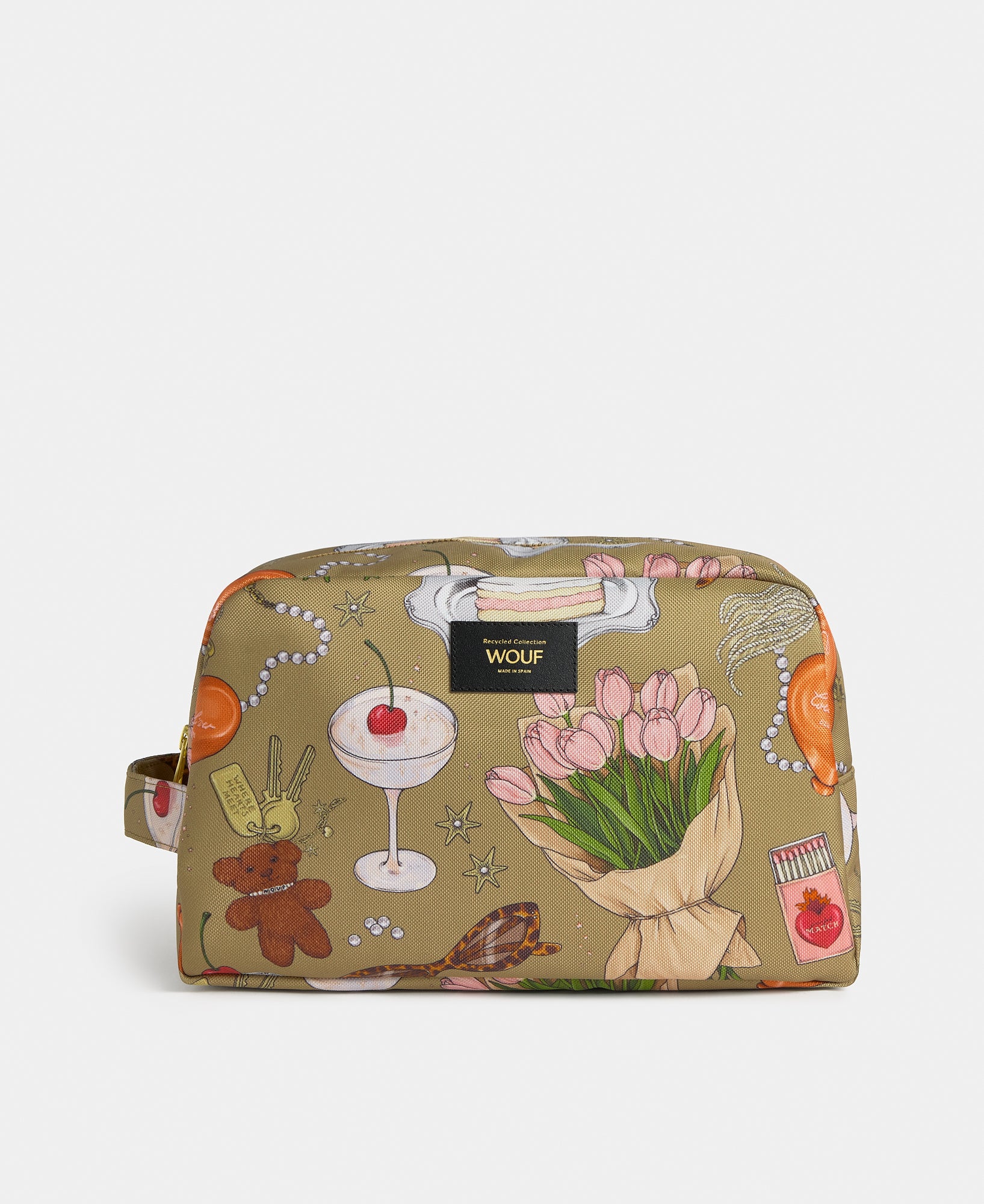 Tender large toiletry bag with multicolour illustrated print on a khaki background - Wouf