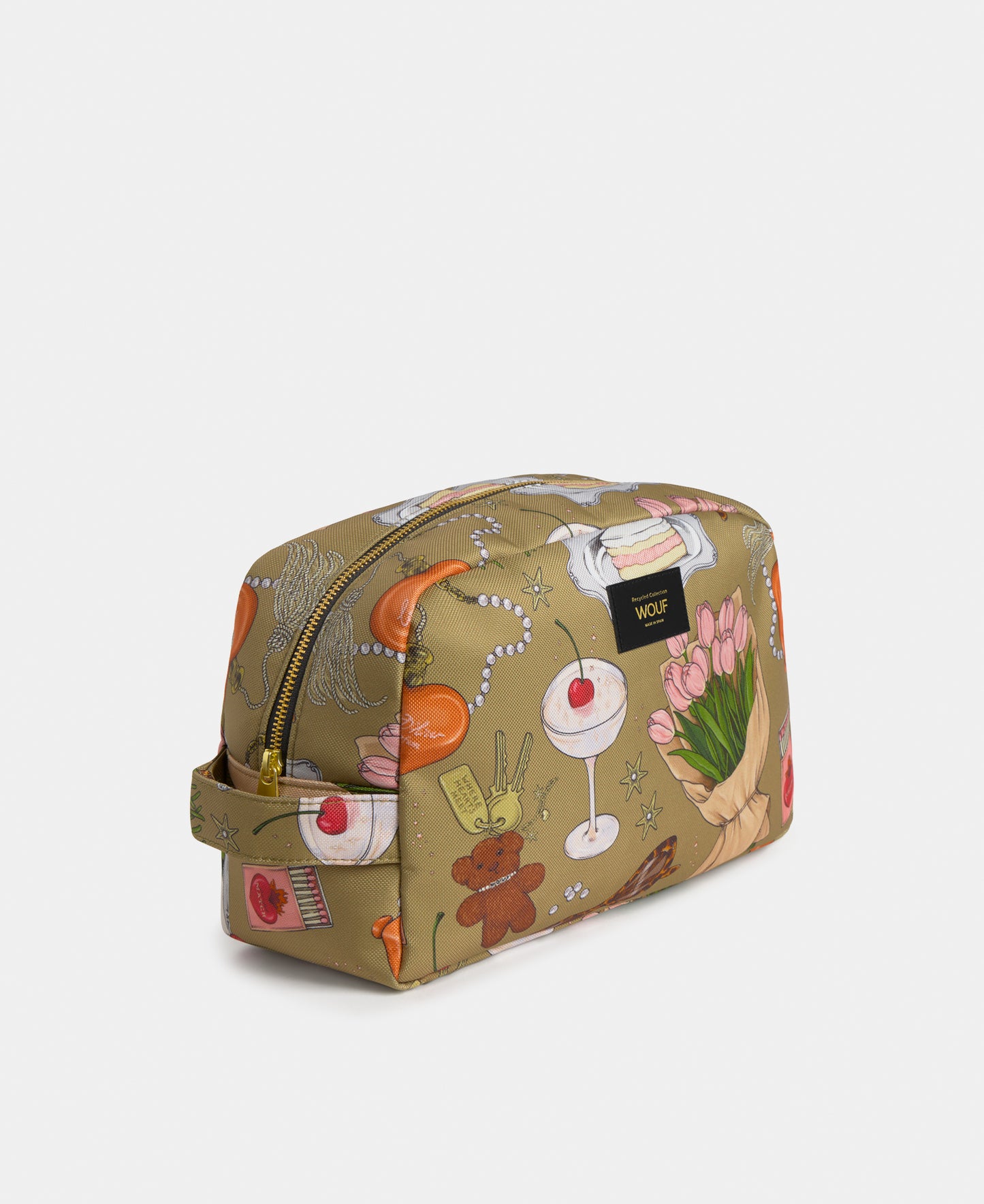 Side view of the Tender large toiletry bag with multicolour illustrated print on a khaki background - Wouf