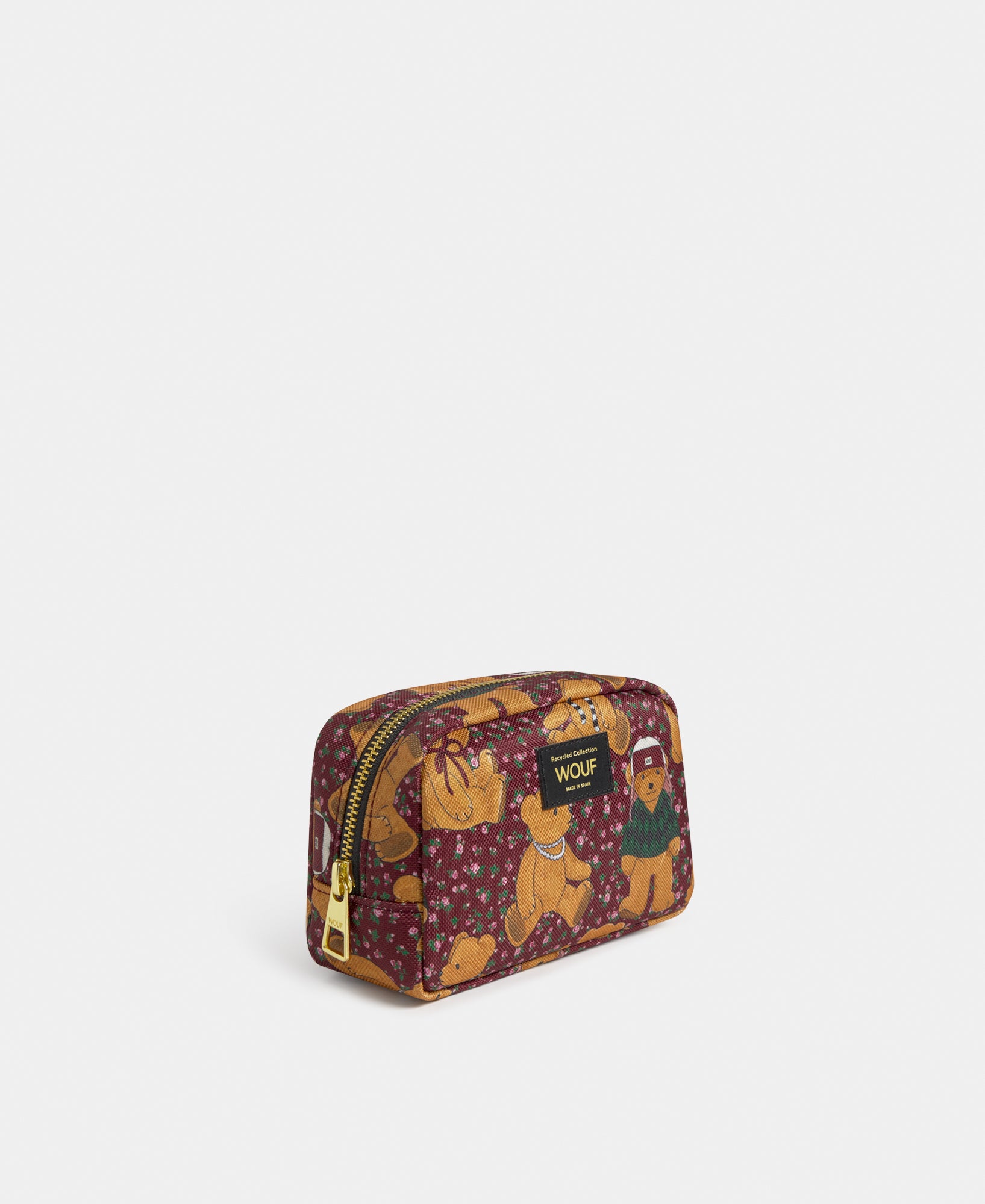 Side view of the Cozy makeup bag with teddy bear print - Wouf