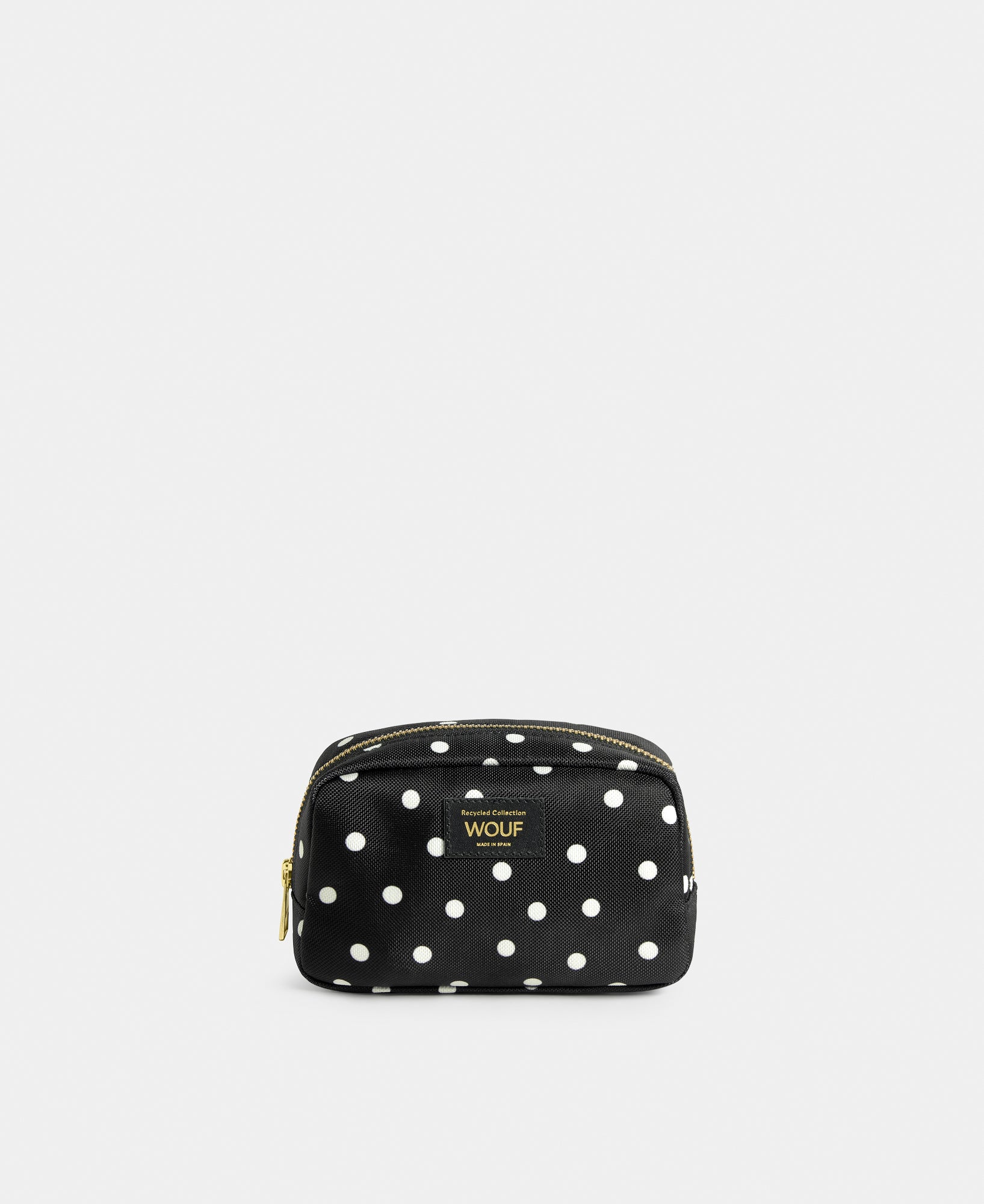 Grace makeup bag with white polka dot print on a black background - Wouf