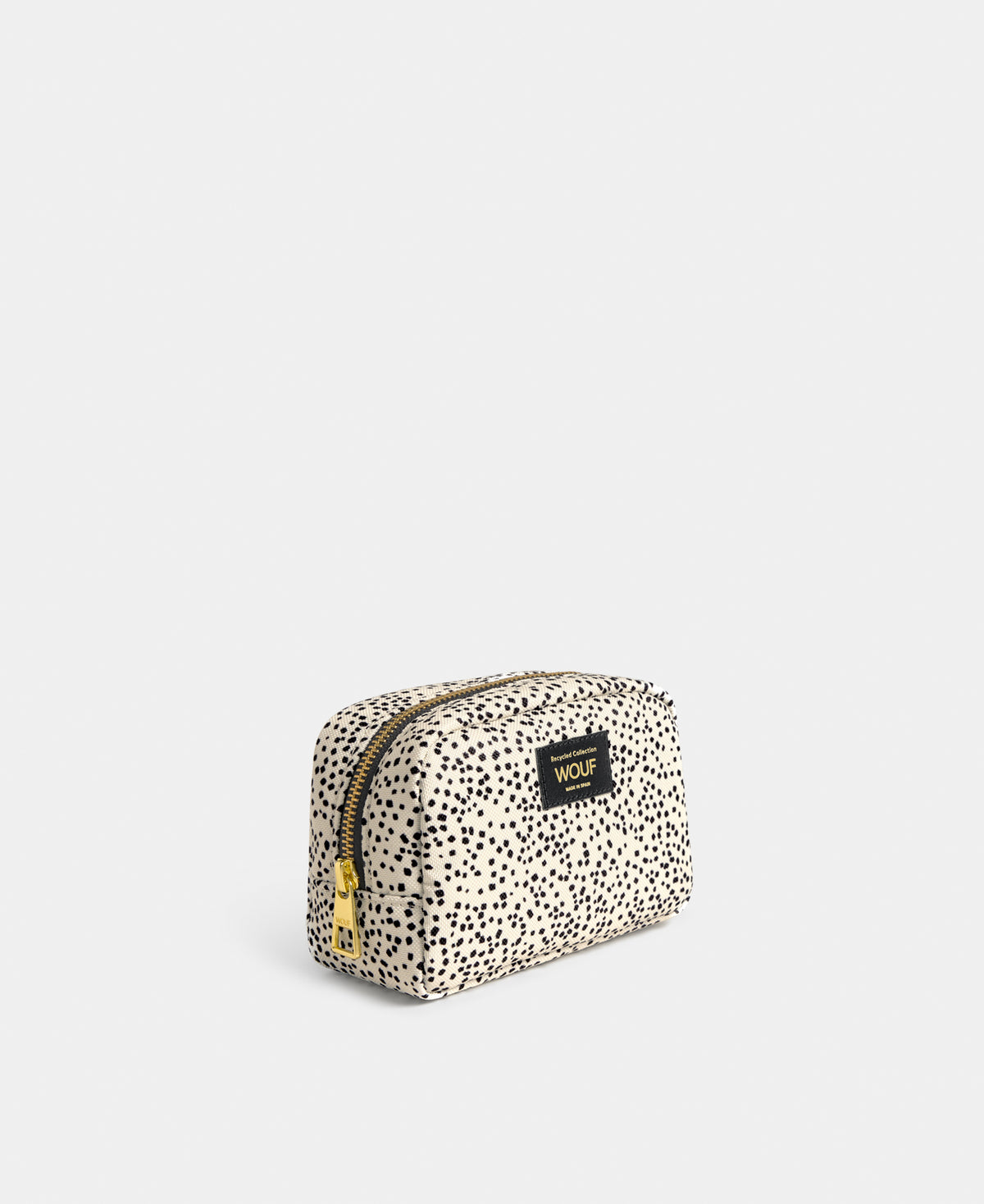 Vue latérale de la trousse de maquillage Panna à micro-imprimé beige et noir - Wouf