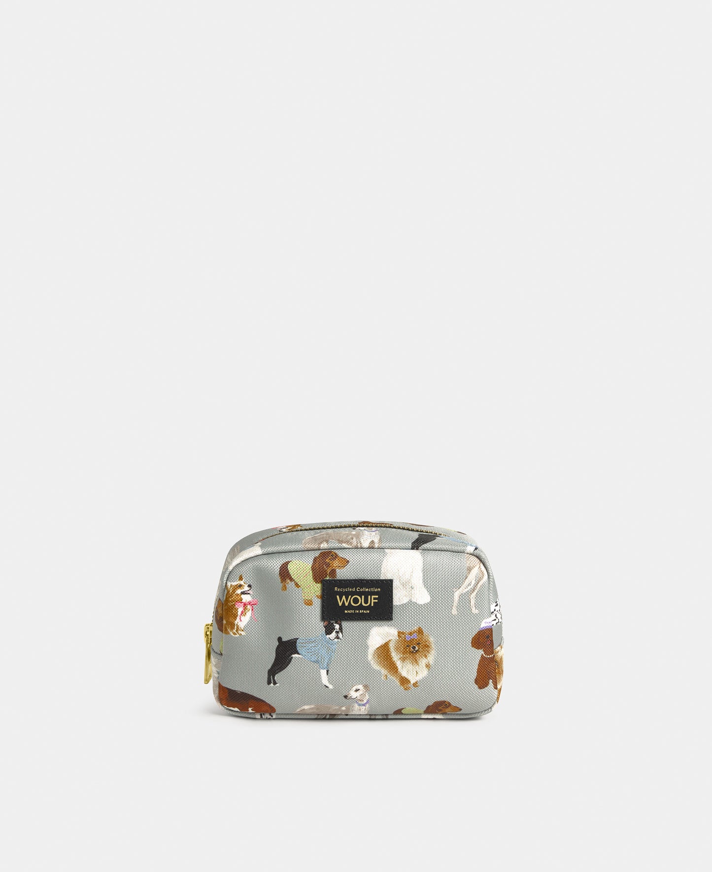 Puppy makeup bag with multicolour dog print on a grey background - Wouf
