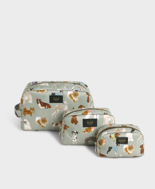 Composition de trousses de toilette Puppy à imprimé chiens multicolores sur fond gris - Wouf