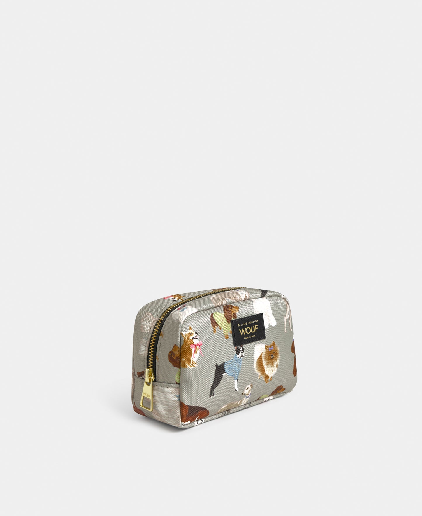 Side view of the Puppy makeup bag with multicolour dog print on a grey background - Wouf