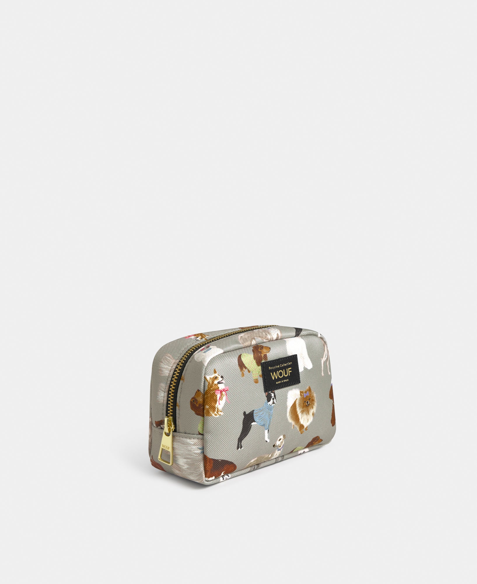 Side view of the Puppy makeup bag with multicolour dog print on a grey background - Wouf