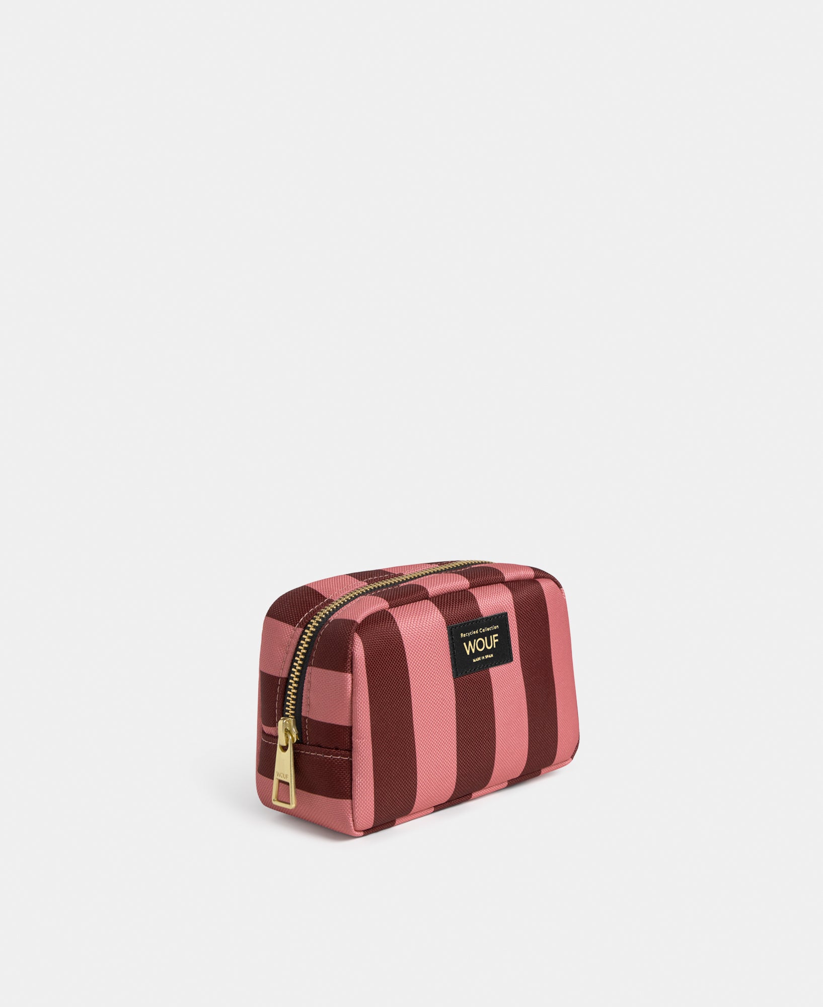Side view of the Sophie makeup bag with pink and burgundy striped print - Wouf