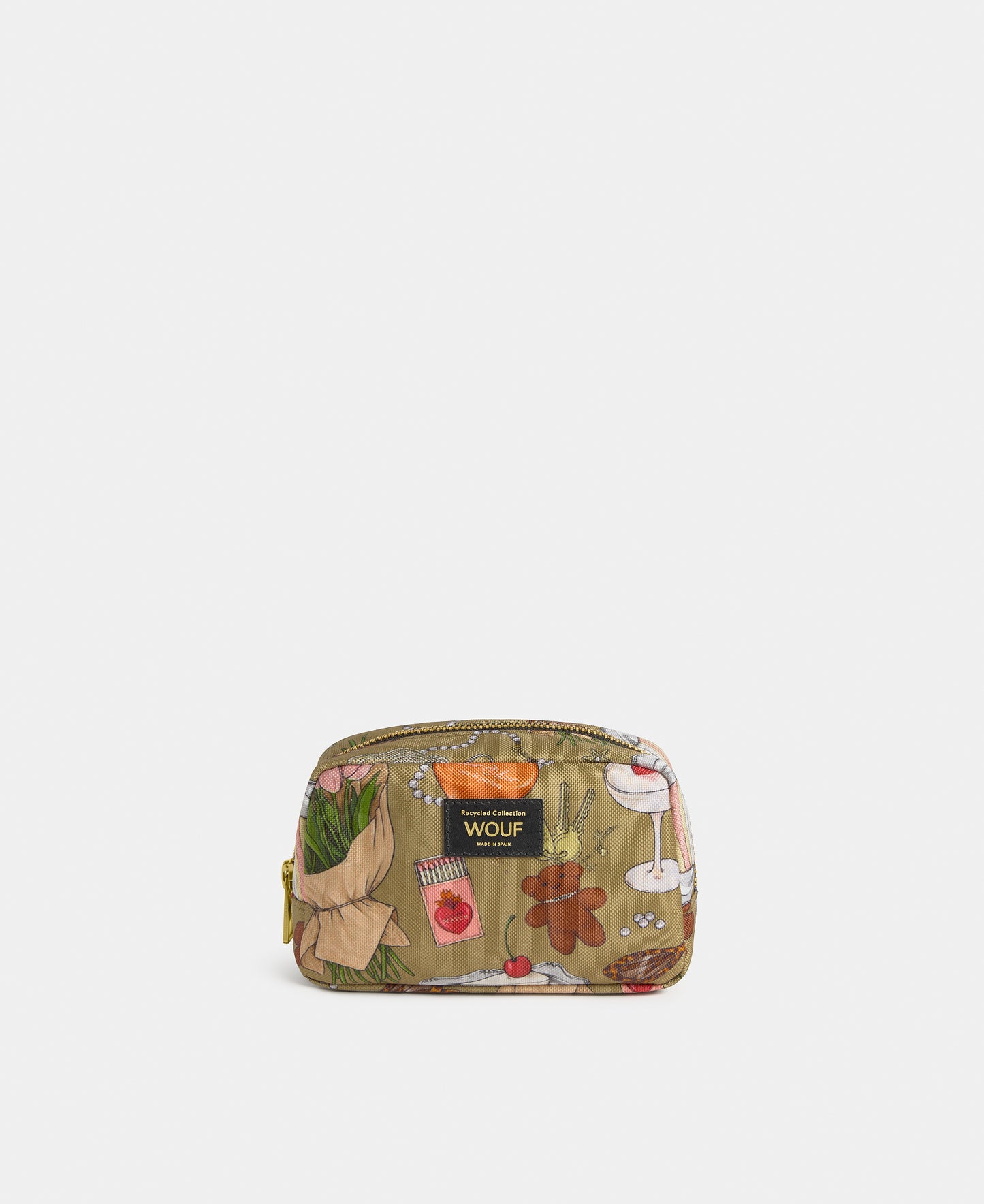 Tender makeup bag with multicolour illustrated print on a khaki background - Wouf