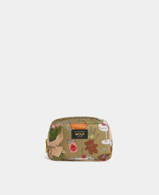Trousse de maquillage Tender à imprimé illustré multicolore sur fond kaki - Wouf