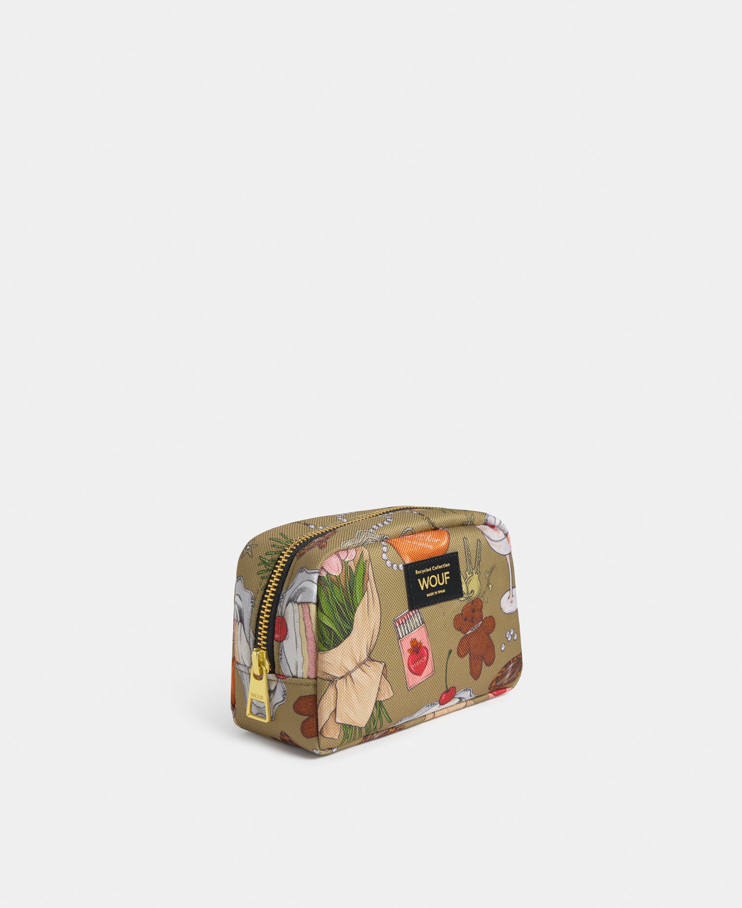 Side view of the Tender makeup bag with multicolour illustrated print on a khaki background - Wouf
