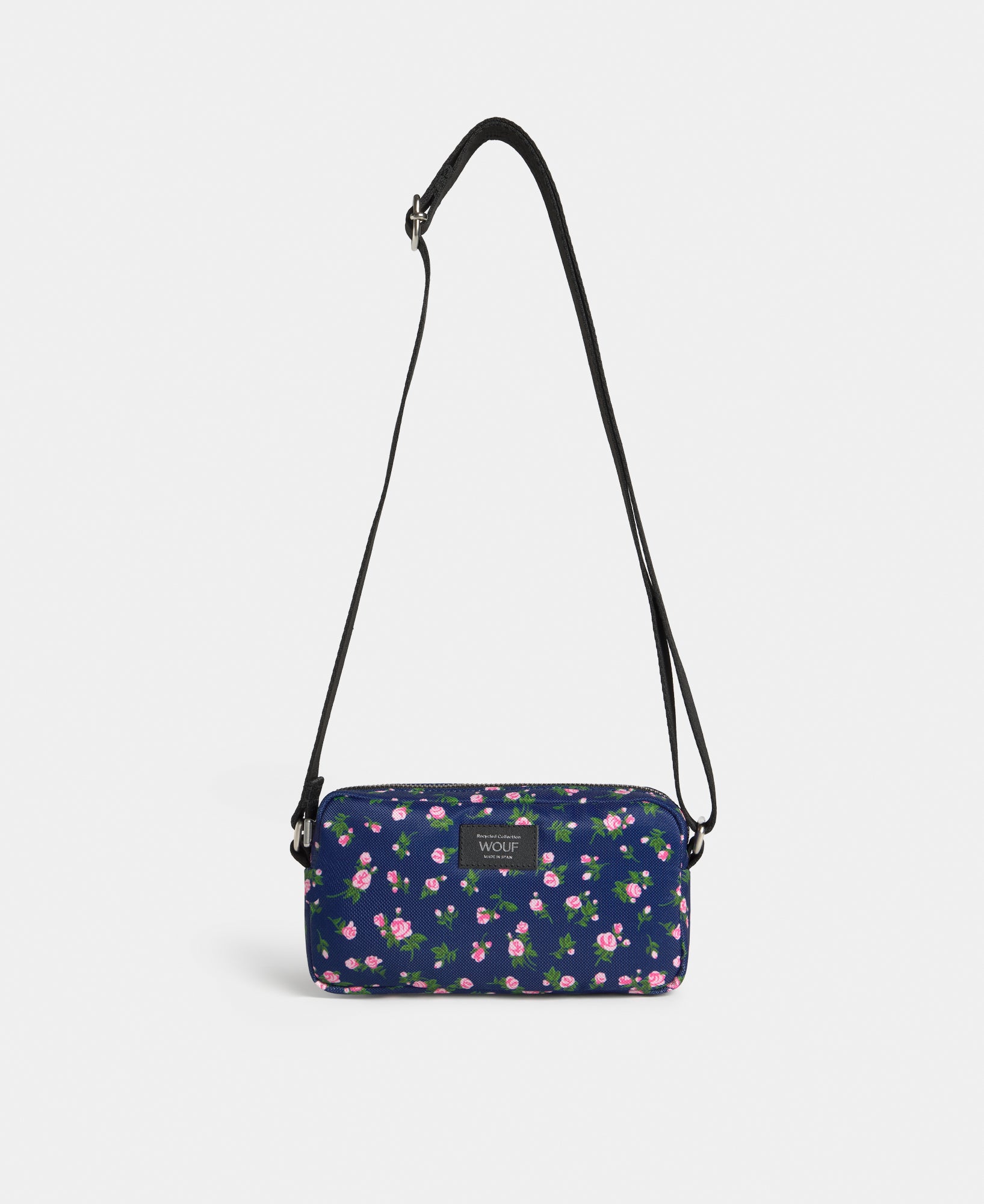 Edith mini crossbody bag with pink and green floral print on a navy background - Wouf