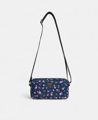 Edith mini crossbody bag with pink and green floral print on a navy background - Wouf