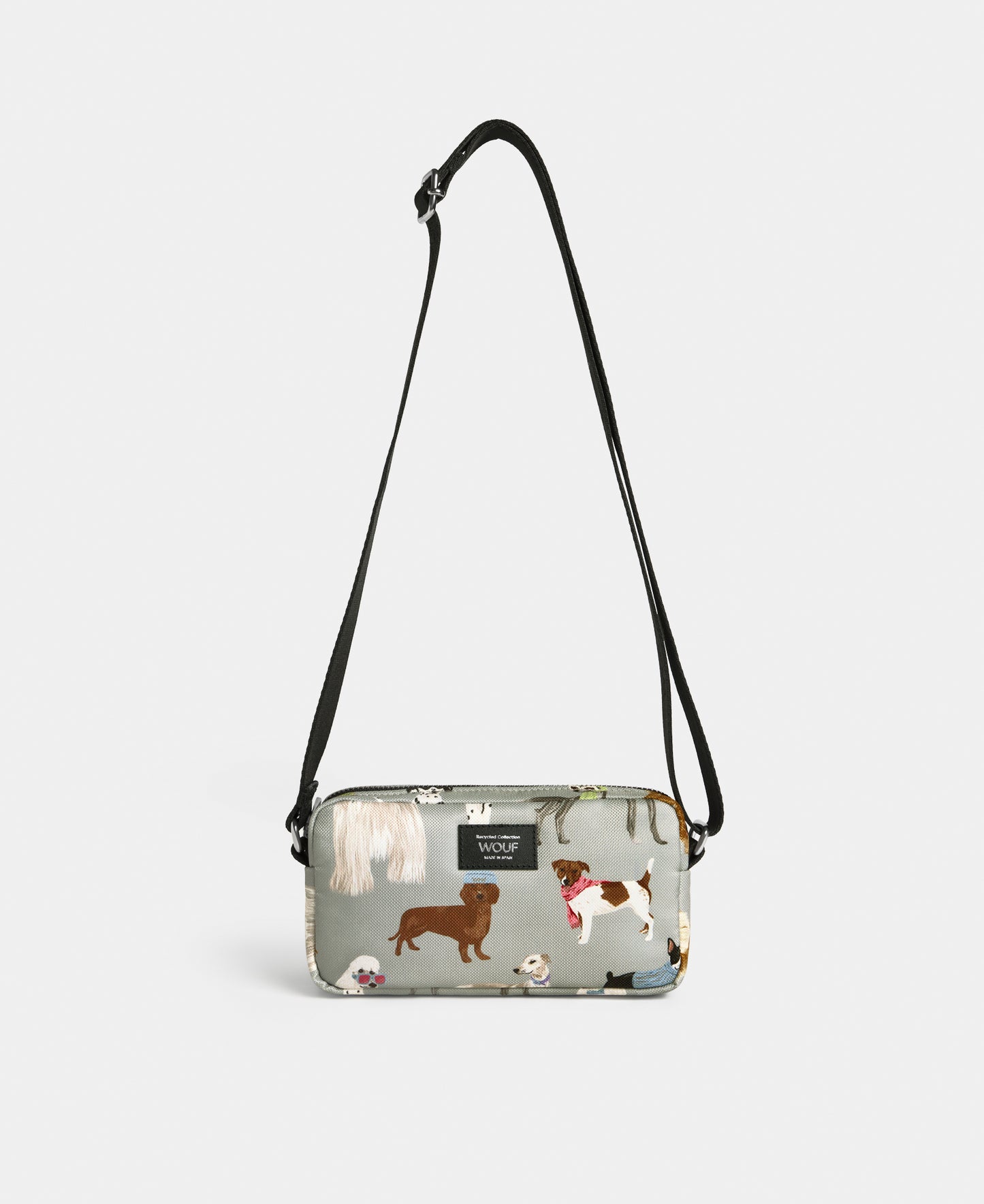 Puppy mini crossbody bag with multicolour dog print on a grey background - Wouf