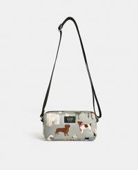 Puppy mini crossbody bag with multicolour dog print on a grey background - Wouf