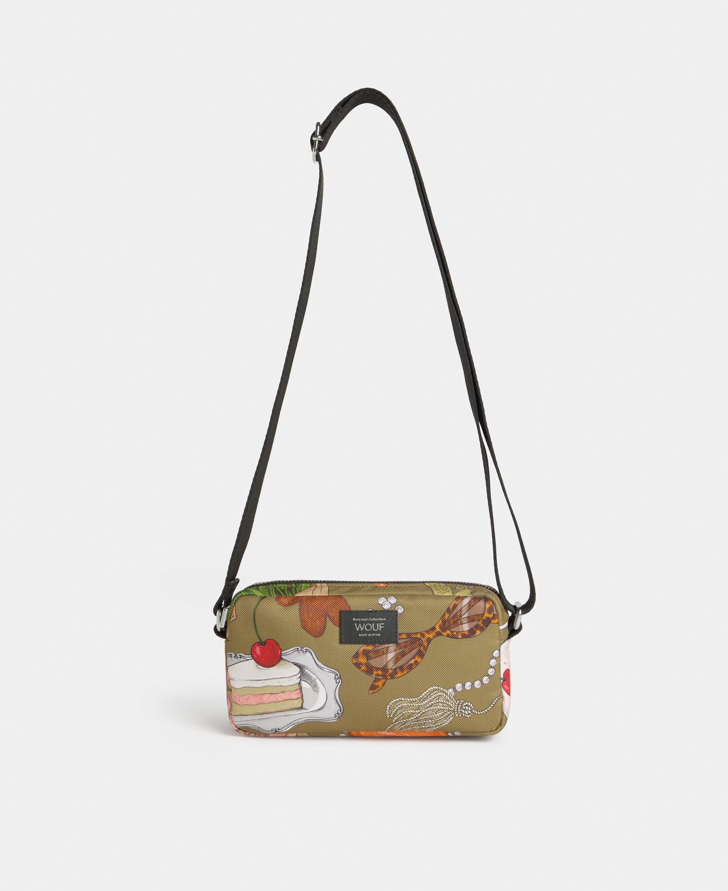 Tender mini crossbody bag with multicolour illustrated print on a khaki background - Wouf