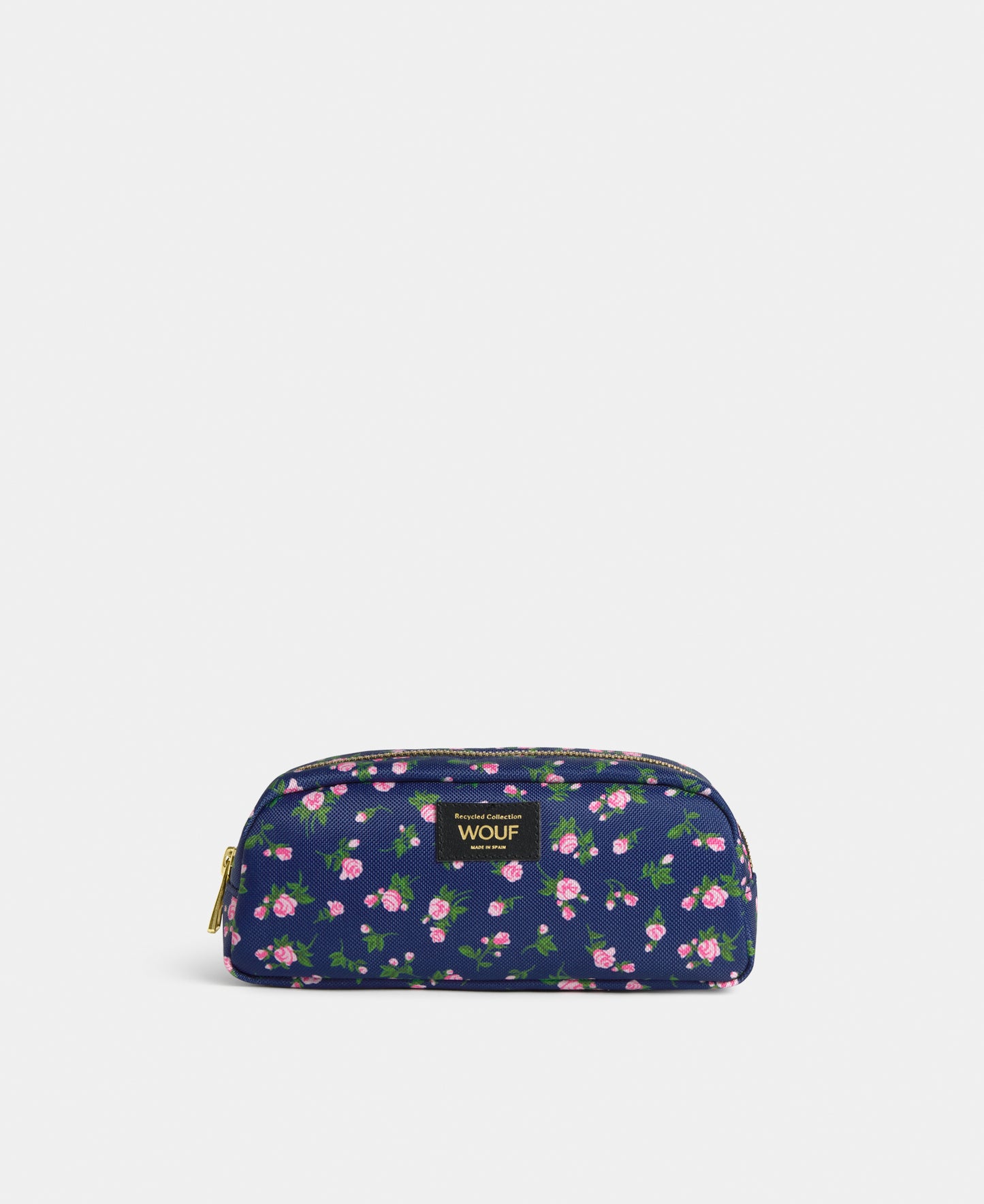 Edith pencil case with pink and green floral print on a navy background - Wouf