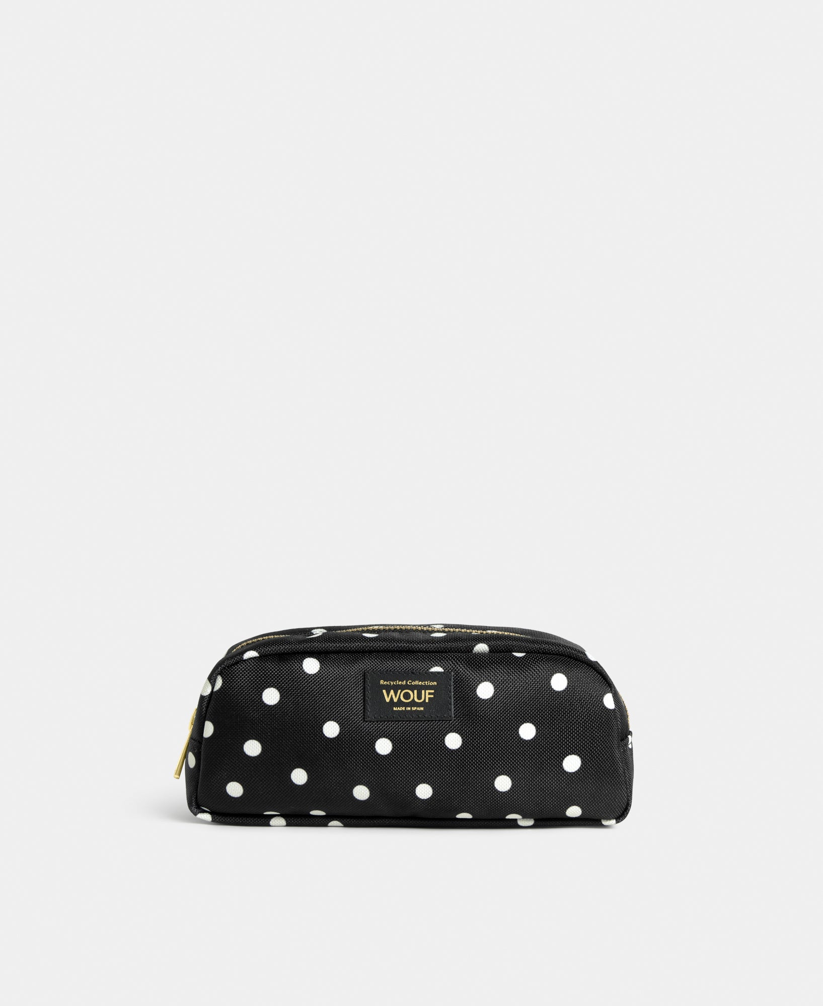 Grace pencil case with white polka dot print on a black background - Wouf
