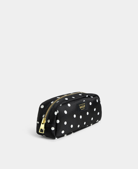 Vue latérale de la trousse à crayons Grace à pois blancs sur fond noir - Wouf