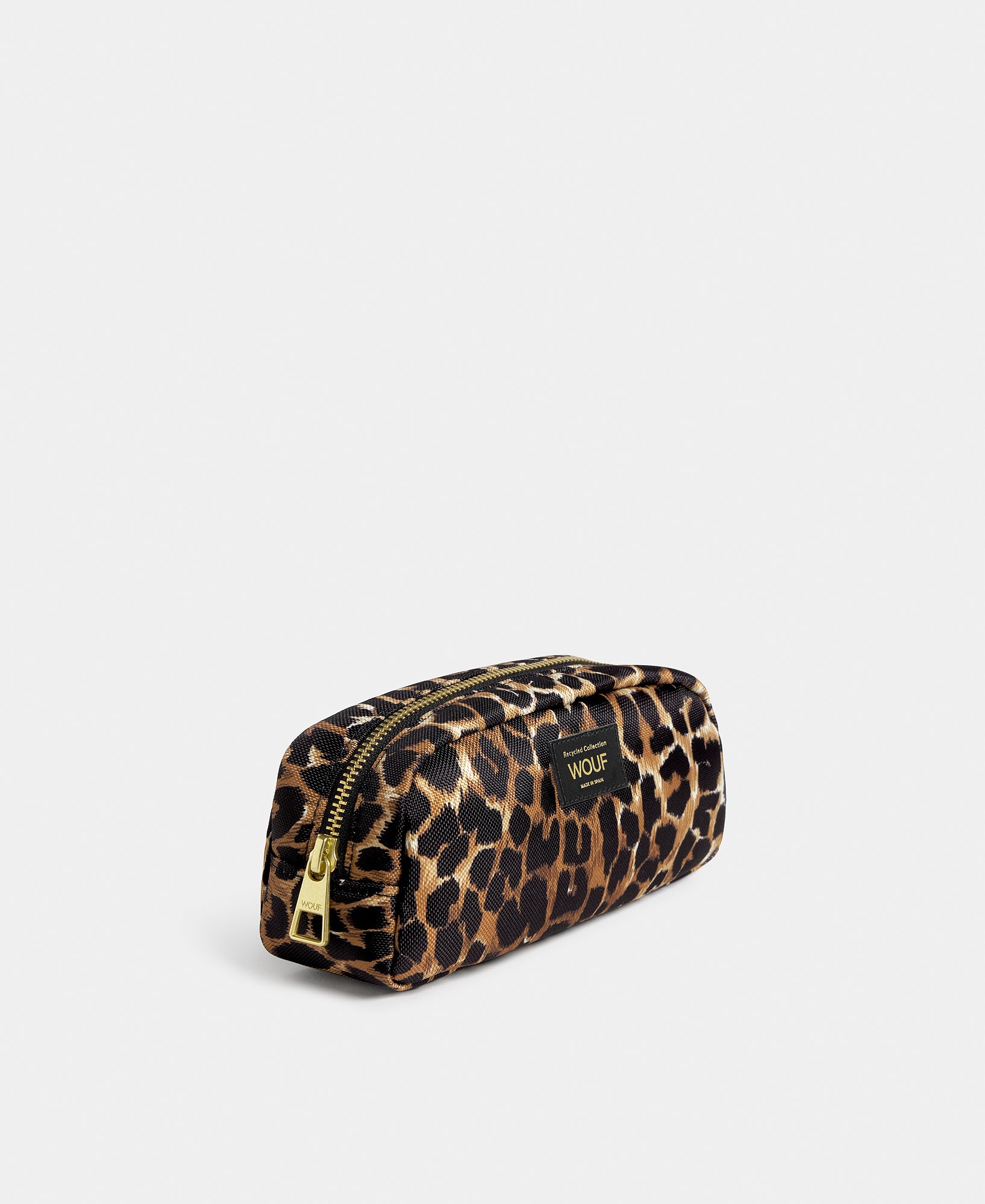 Side view of the Icon pencil case with black and brown leopard print - Wouf