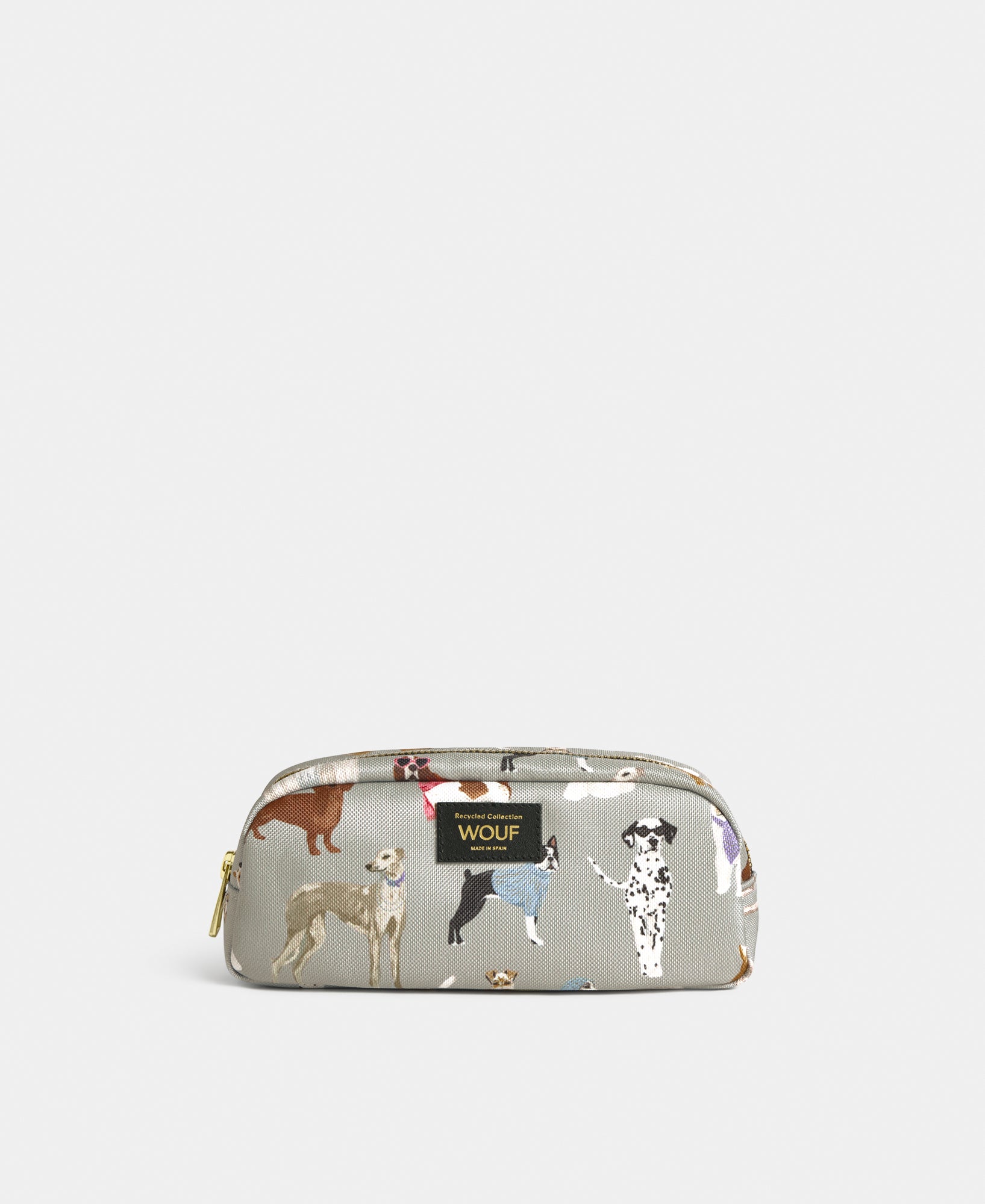 Puppy pencil case with multicolour dog print on a grey background - Wouf